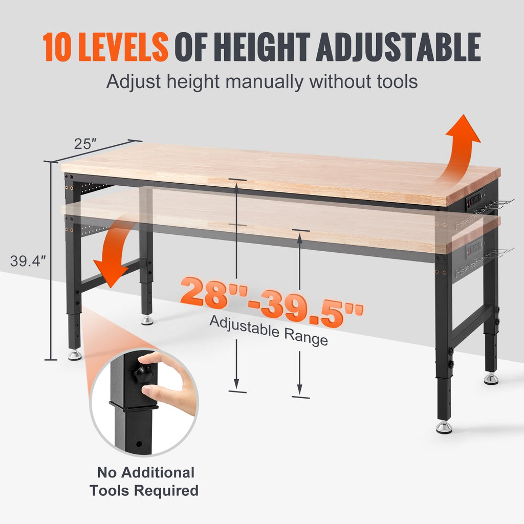 KFFKFF Adjustable Height Workbench 72L x 25W Work Bench Table w/ Power Outlets