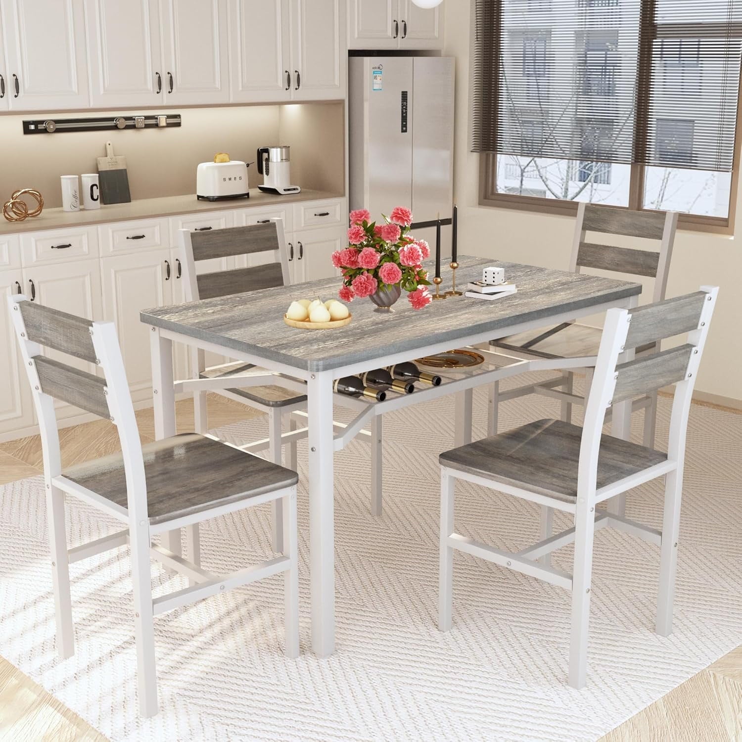 Lamerge 4 Person Dining Table Set, Wooden Dining Table 5 Piece Set with 4 Oak Metal Frame Chairs, Space Saving, Suitable for Apartments, Small Spaces, Kitchens, Breakfast Corners, Espresso Wood C