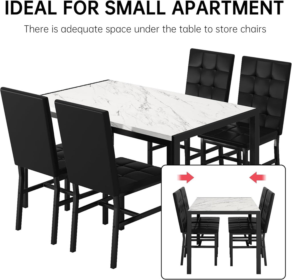 MOOSENG 5-Piece Dining Table Set with Faux Marble Top, Modern Kitchen Table and Set of 4 Grey Velvet Upholstered Chairs, Space-Saving Dinette Set for Small Spaces