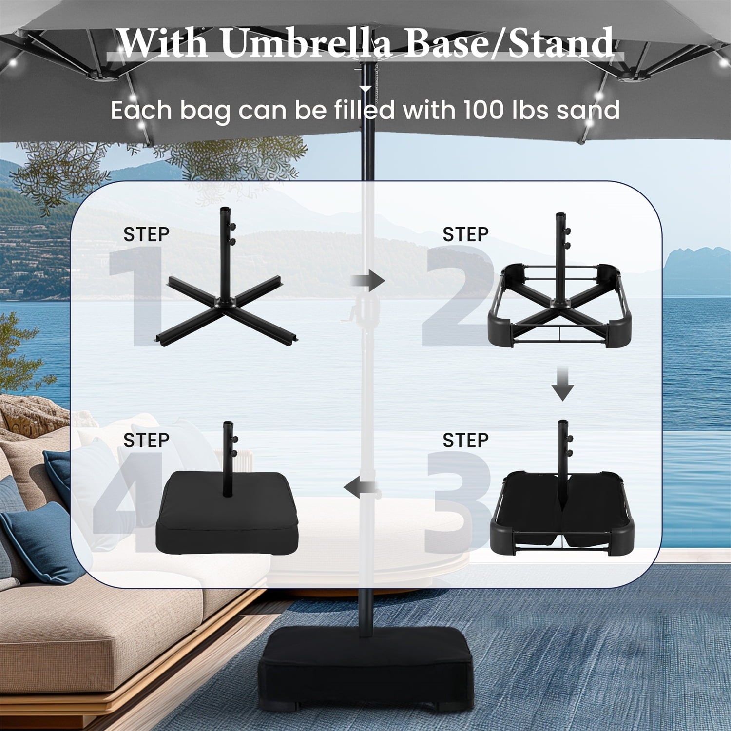 SUMMIT LIVING 15 FT Double-Sided Solar Patio Umbrella with Base Large Outdoor Umbrella with LED Solar Lights - Haze Blue