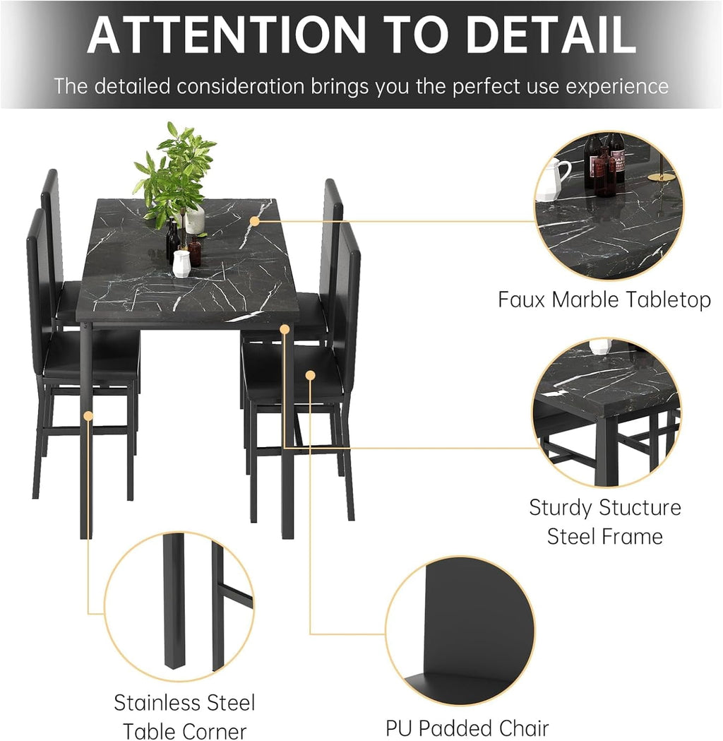MIERES 5 Piece Dinning Table Sets for 4, Marble Kitchen Table and Chairs for 4,Dining Room Table Set with PU Leather Chairs,Faux Marble Dining Set for Small Spaces,Living Room,White+Brown