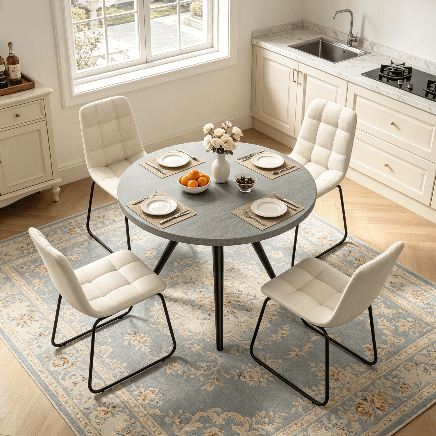 34.8 Round Dining Table Set for 4,5 Piece Mid-Century Modern Dining Set with 4 Upholstered Dining Chairs,Leisure Coffee Table for Kitchen Dining Room, Save Space