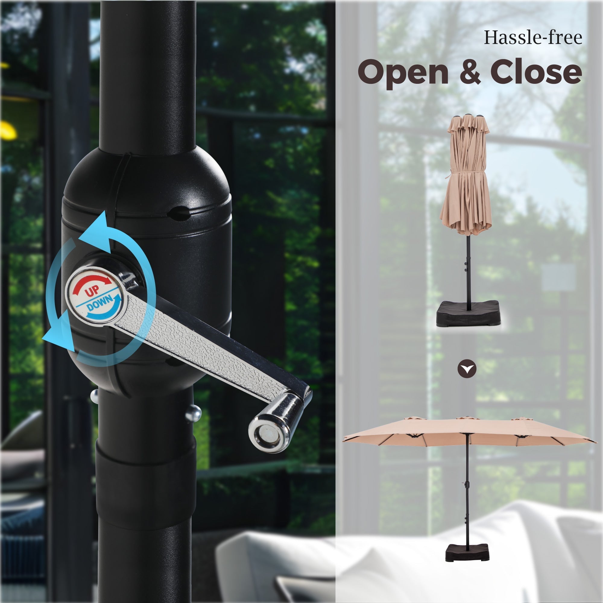 Alpha Joy 15ft Outdoor Patio Umbrella Extra-Large Double-Sided Garden Umbrella with Crank Handle and Base - Smoky Gray