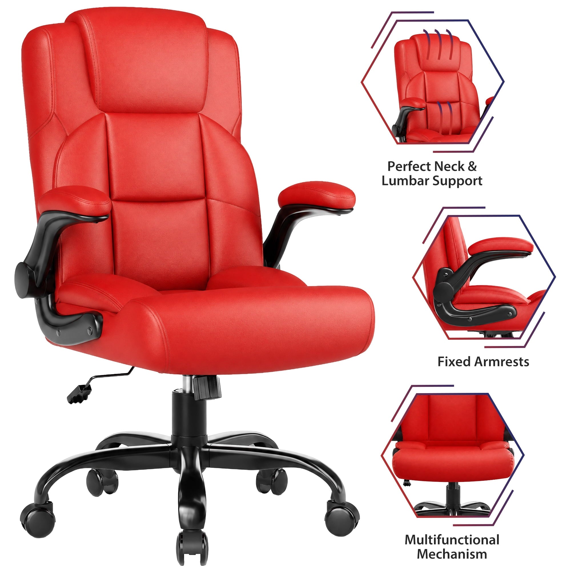 JONPONY Leather Office Chair, Big and Tall 500lbs Ergonomic Desk Chairs with Back Support, Executive Leather Chair with Wheels for Home Office, with Adjustable Padded Armrest & Lumbar Support , Black