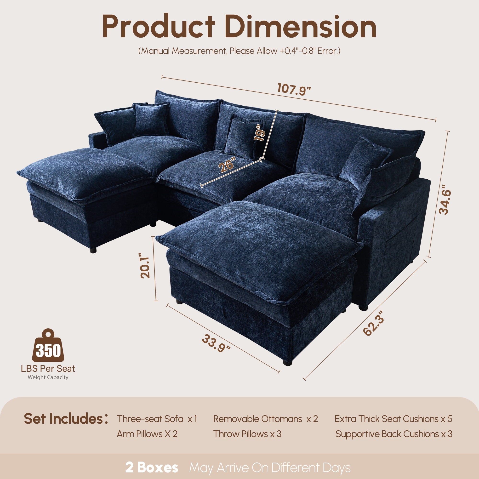 Ovios 108 Modular Sectional Sofa U-Shaped Cloud Couch with 2 Ottomans, Comfy Living Room Furniture, Chenille, Camel