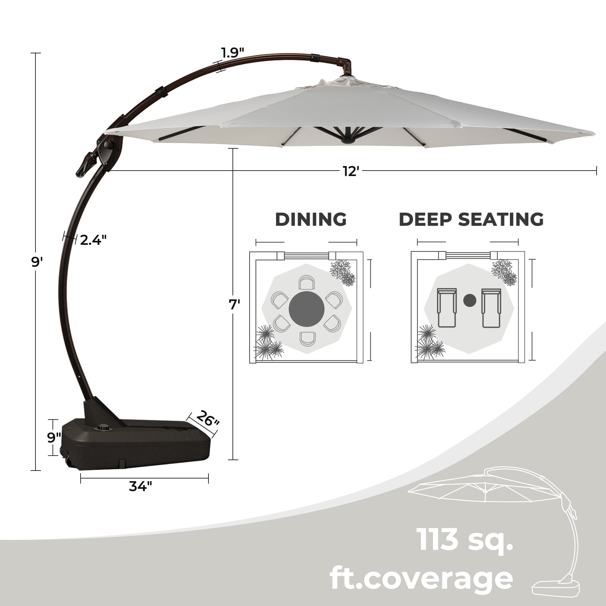 GRANDPATIO 12 Ft Outdoor Umbrella with Base, Large Aluminum Cantilever Offset Umbrella for Patio Pool, Black & White