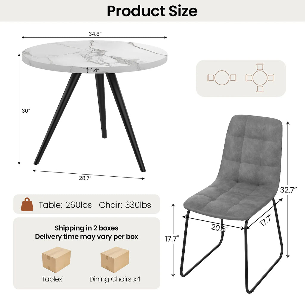 34.8 Round Dining Table Set for 4,5 Piece Mid-Century Modern Dining Set with 4 Upholstered Dining Chairs,Leisure Coffee Table for Kitchen Dining Room, Save Space