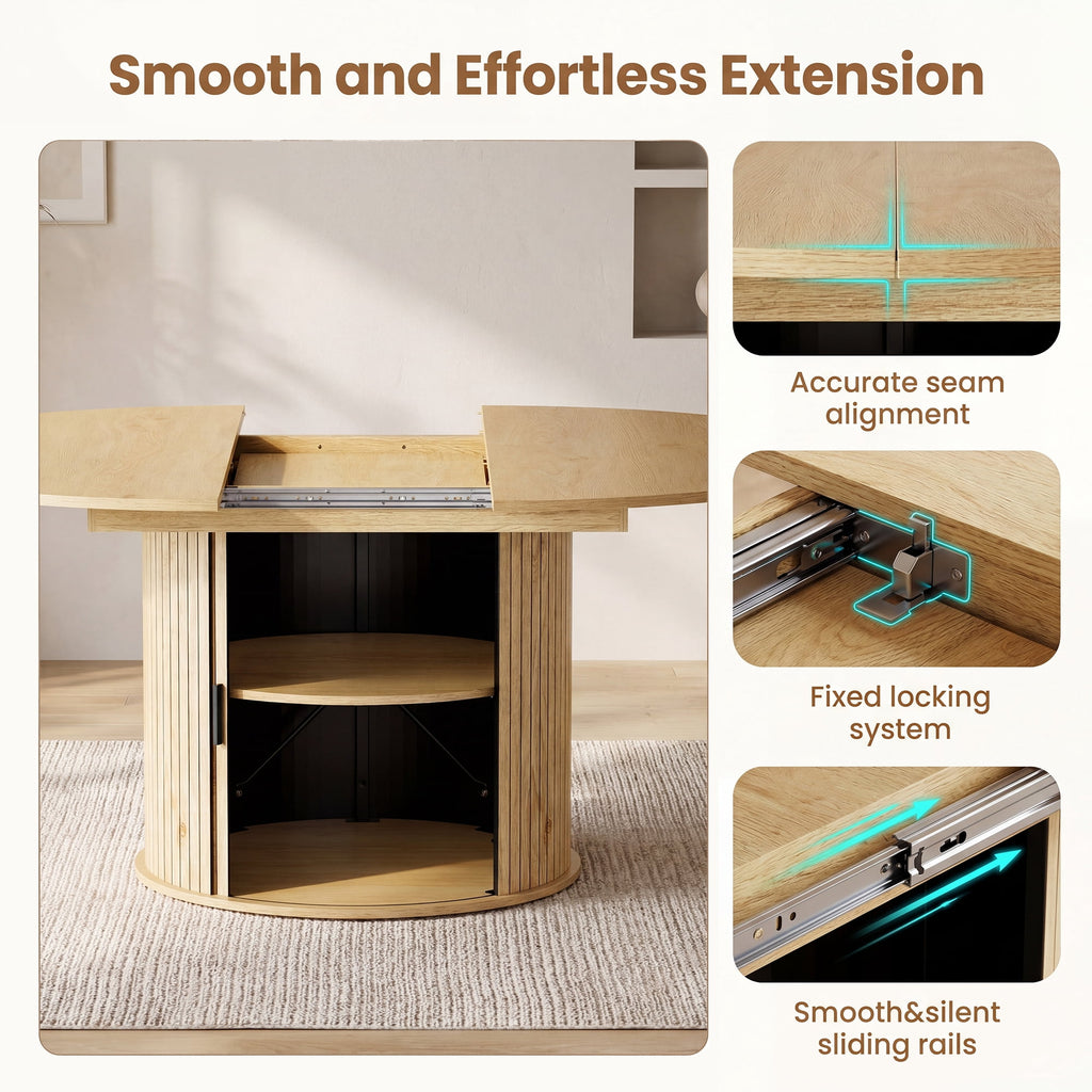 EOP 47″- 63″ Extendable Round Dining Table for 4-6, Wooden Kitchen Table with Hidden Storage and Fluted Sliding Door Cabinet, Modern Space-Saving Table for Dining Room Kitchen, Natural Wood
