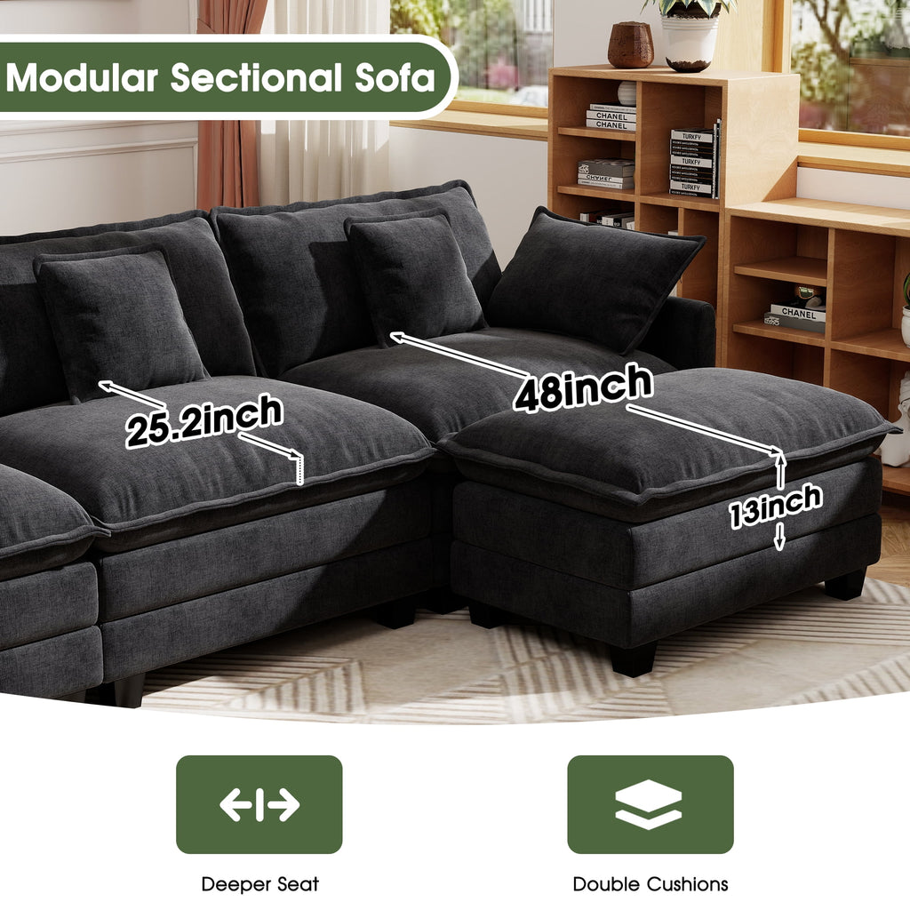 BedLuxury 111.5'' Modular Sectional Sofa with Movable Ottomans, U Shaped Cloud Couch for Living Room, 3-Seat, Beige