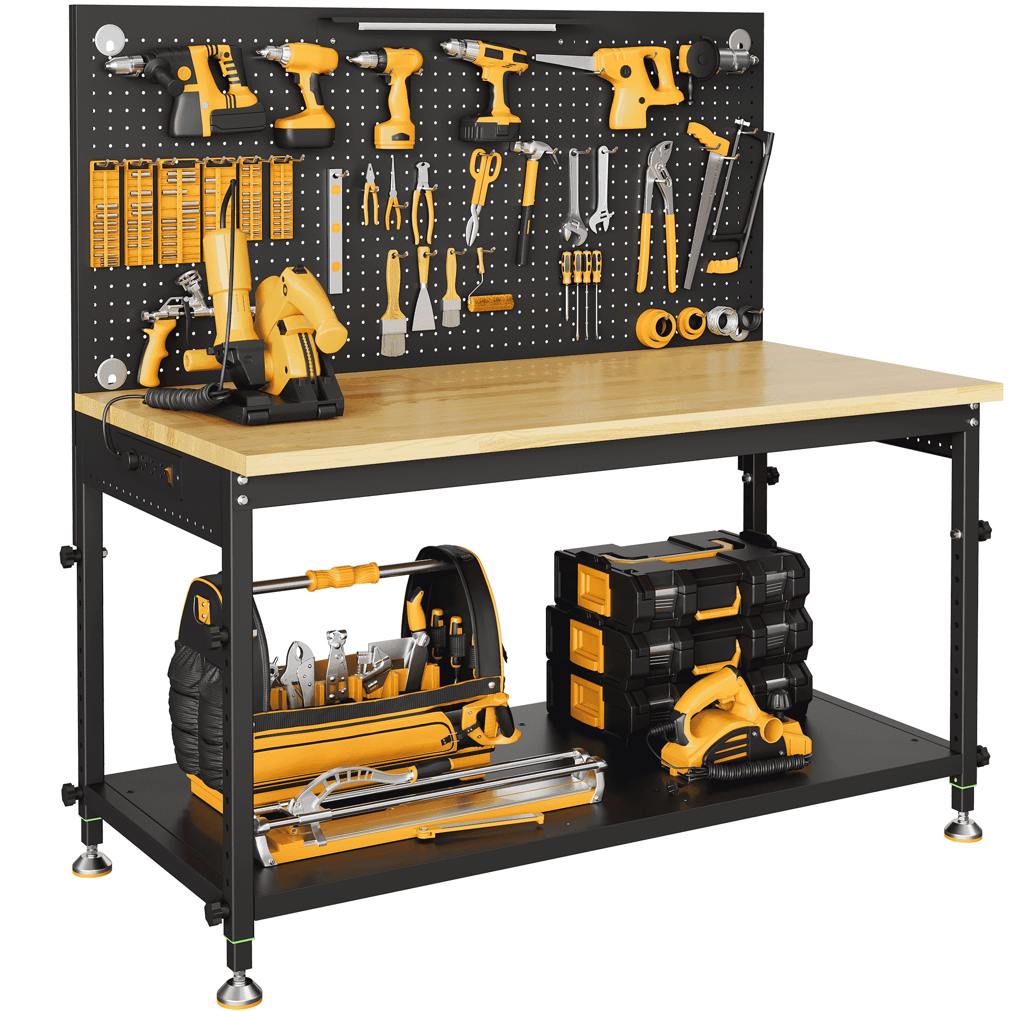CAMMOO 48 Multifunctional Heavy Duty Workbench for Garage with Pegboard, 2000LBS Load,Adjustable Height Worktable,Storage Shelf,LED Light, Built-in Power Strip