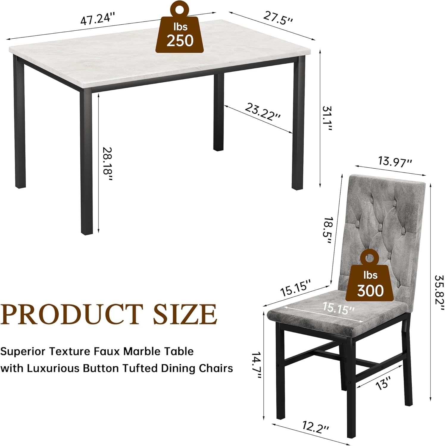 AWQM 5 Piece Dining Table Set, Faux Marble Kitchen Table and Chairs for 4, Dining Room Table Set with 4 PU Leather Chairs, White