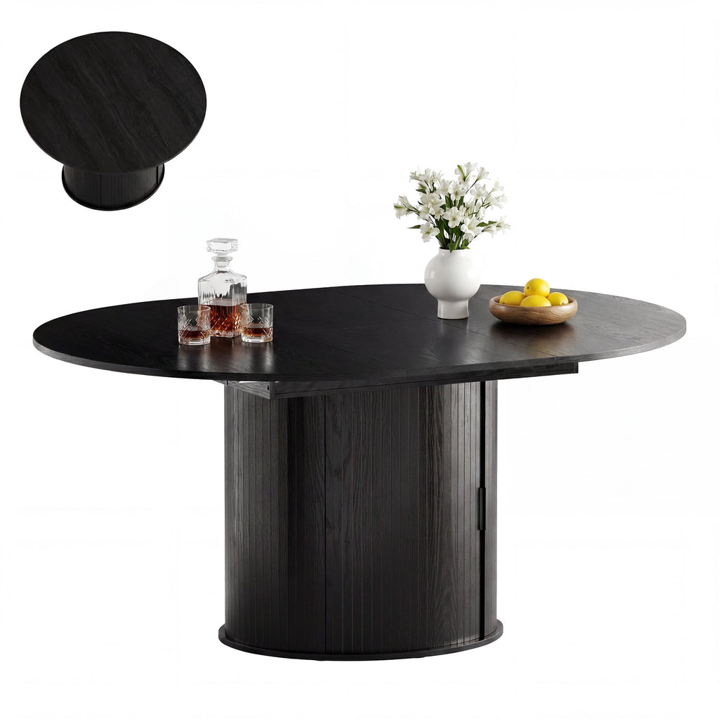 EOP 47″- 63″ Extendable Round Dining Table for 4-6, Wooden Kitchen Table with Hidden Storage and Fluted Sliding Door Cabinet, Modern Space-Saving Table for Dining Room Kitchen, Walnut