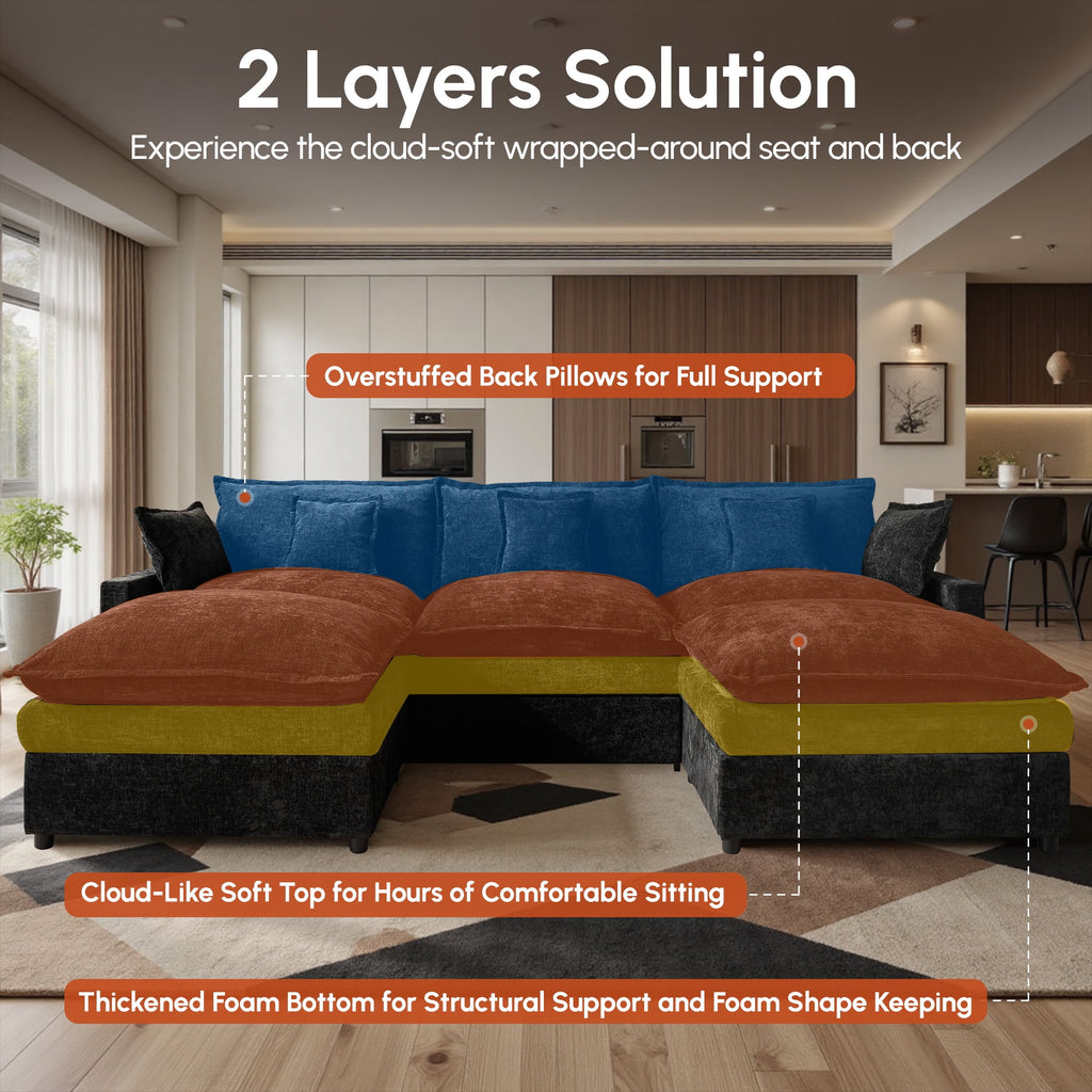 Ovios 108 Modular Sectional Sofa U-Shaped Cloud Couch with 2 Ottomans, Comfy Living Room Furniture, Chenille, Dark Blue