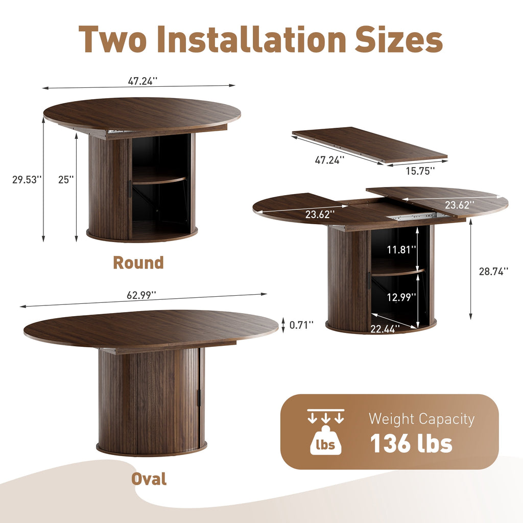 EOP 47″- 63″ Extendable Round Dining Table for 4-6, Wooden Kitchen Table with Hidden Storage and Fluted Sliding Door Cabinet, Modern Space-Saving Table for Dining Room Kitchen, Natural Wood