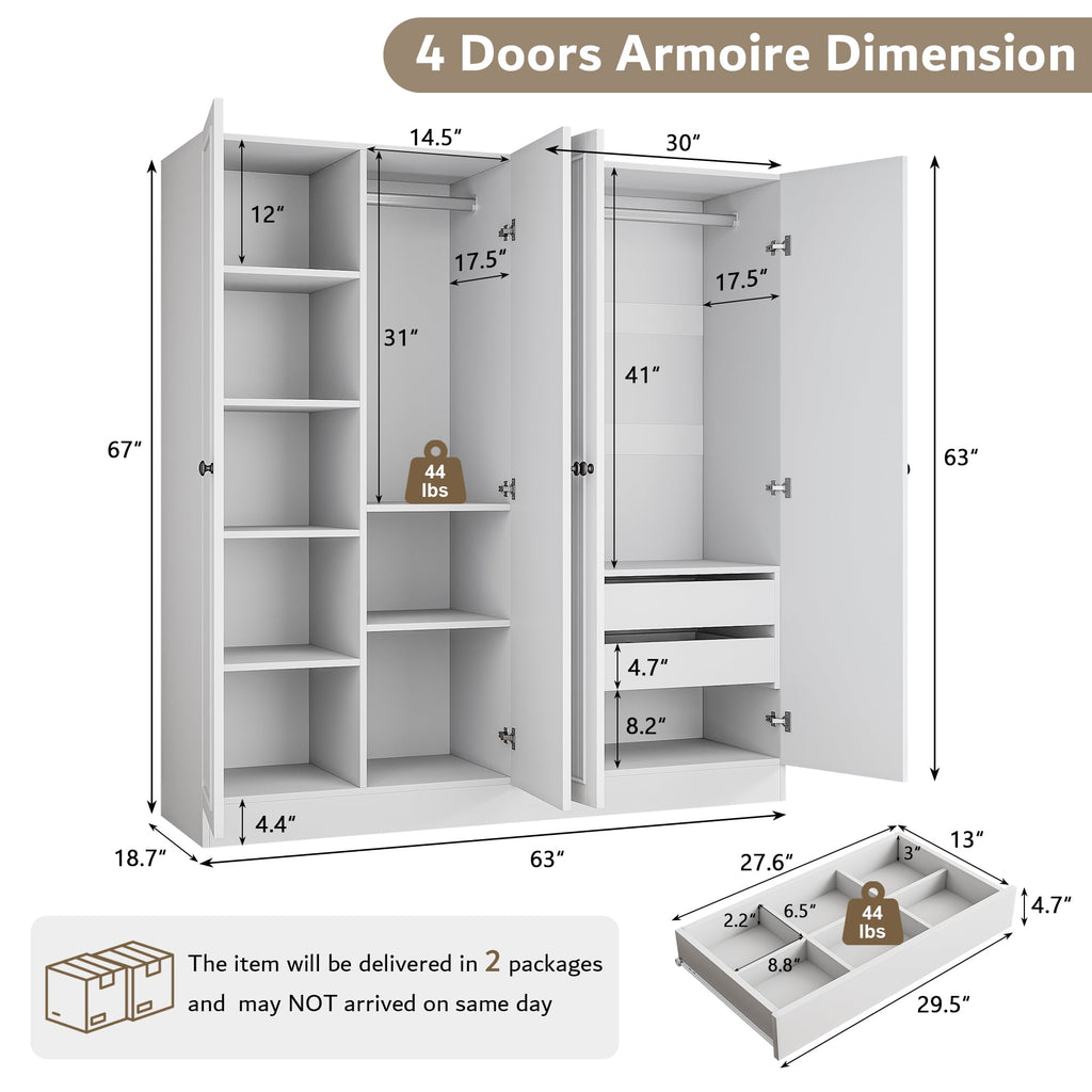 Laisnet 67H Armoire Wardrobe Closet with 4 Doors and 2 Drawers, Adjustable Shelves & Hanging Rods for Bedroom, White