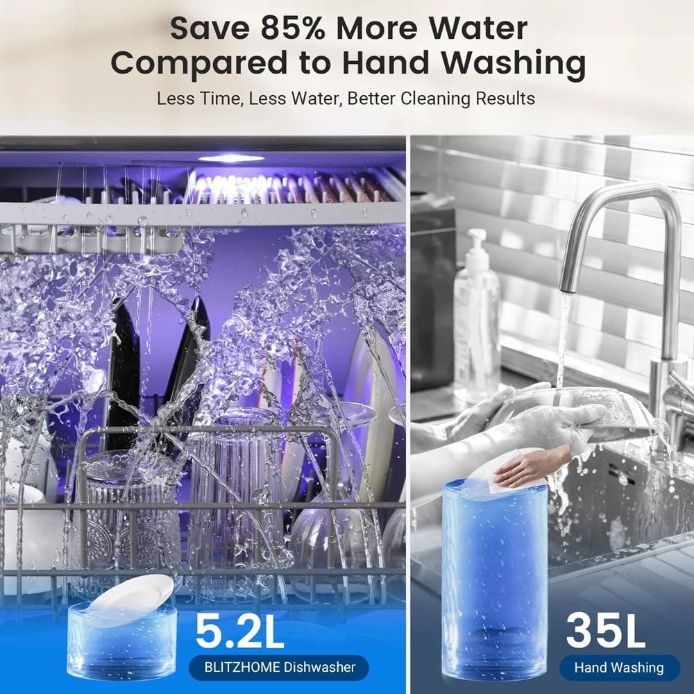 BLITZHOME Smart Wifi Countertop Dishwasher, 9 Programs,5.2L Built-in Water Tank ,3-Spray Arms & 24H Timing,No Installation Needed