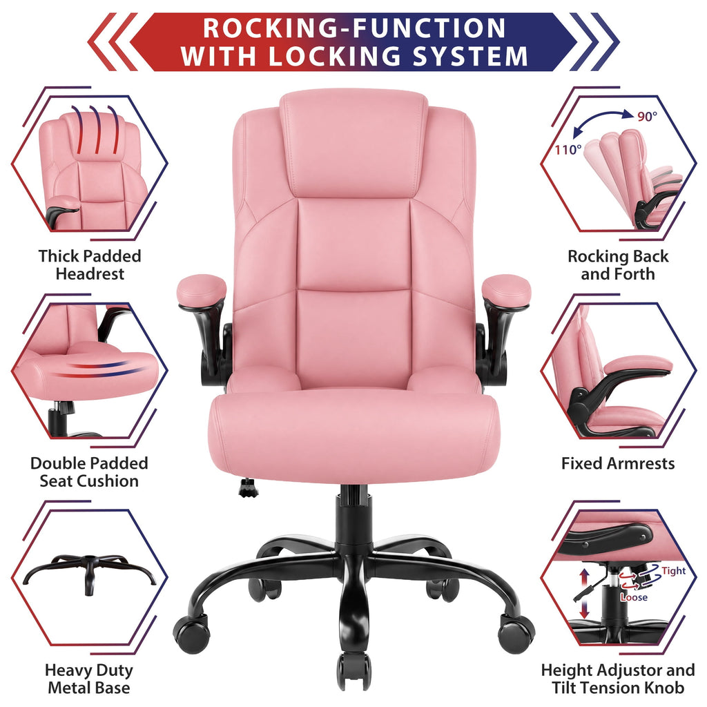 JONPONY Leather Office Chair, Big and Tall 500lbs Ergonomic Desk Chairs with Back Support, Executive Leather Chair with Wheels for Home Office, with Adjustable Padded Armrest & Lumbar Support , Black