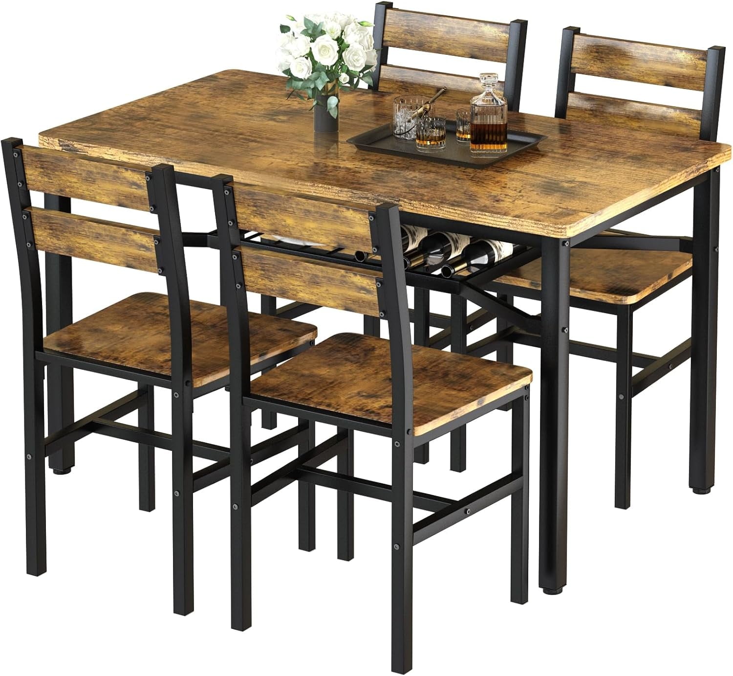 Lamerge 4 Person Dining Table Set, Wooden Dining Table 5 Piece Set with 4 Oak Metal Frame Chairs, Space Saving, Suitable for Apartments, Small Spaces, Kitchens, Breakfast Corners, Espresso Wood C
