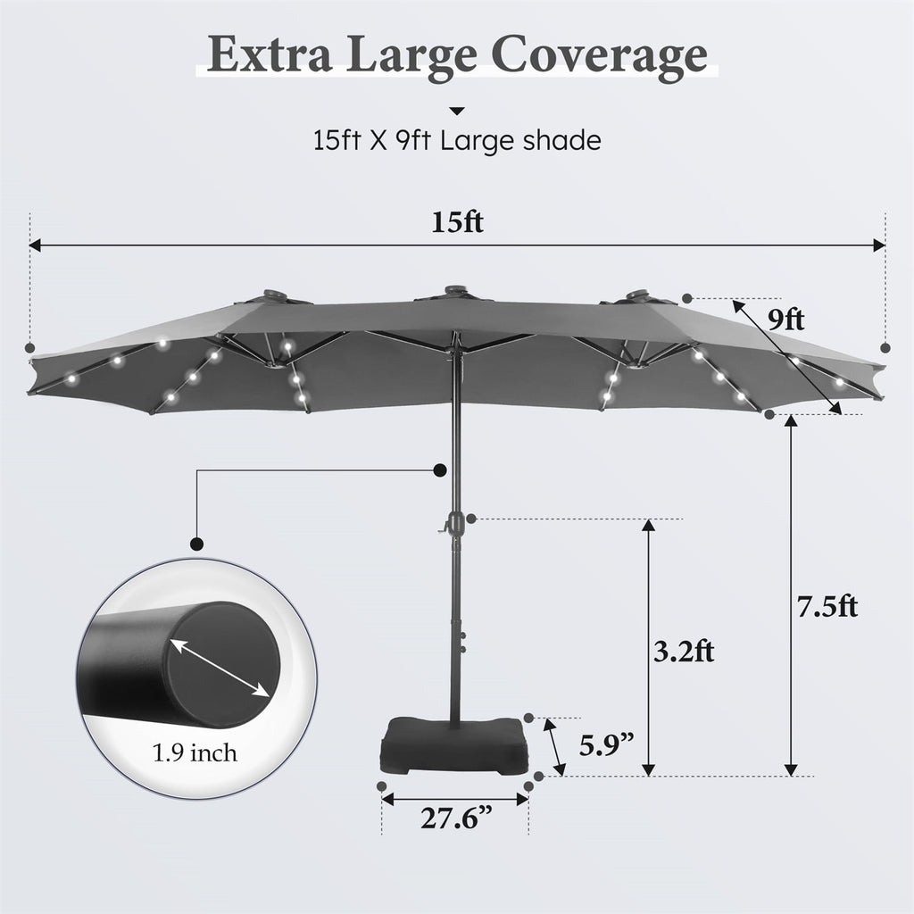 SUMMIT LIVING 15ft Double-Sided Solar Patio Umbrella with Base (Included) Large Outdoor Umbrella with Solar Lights - Beige