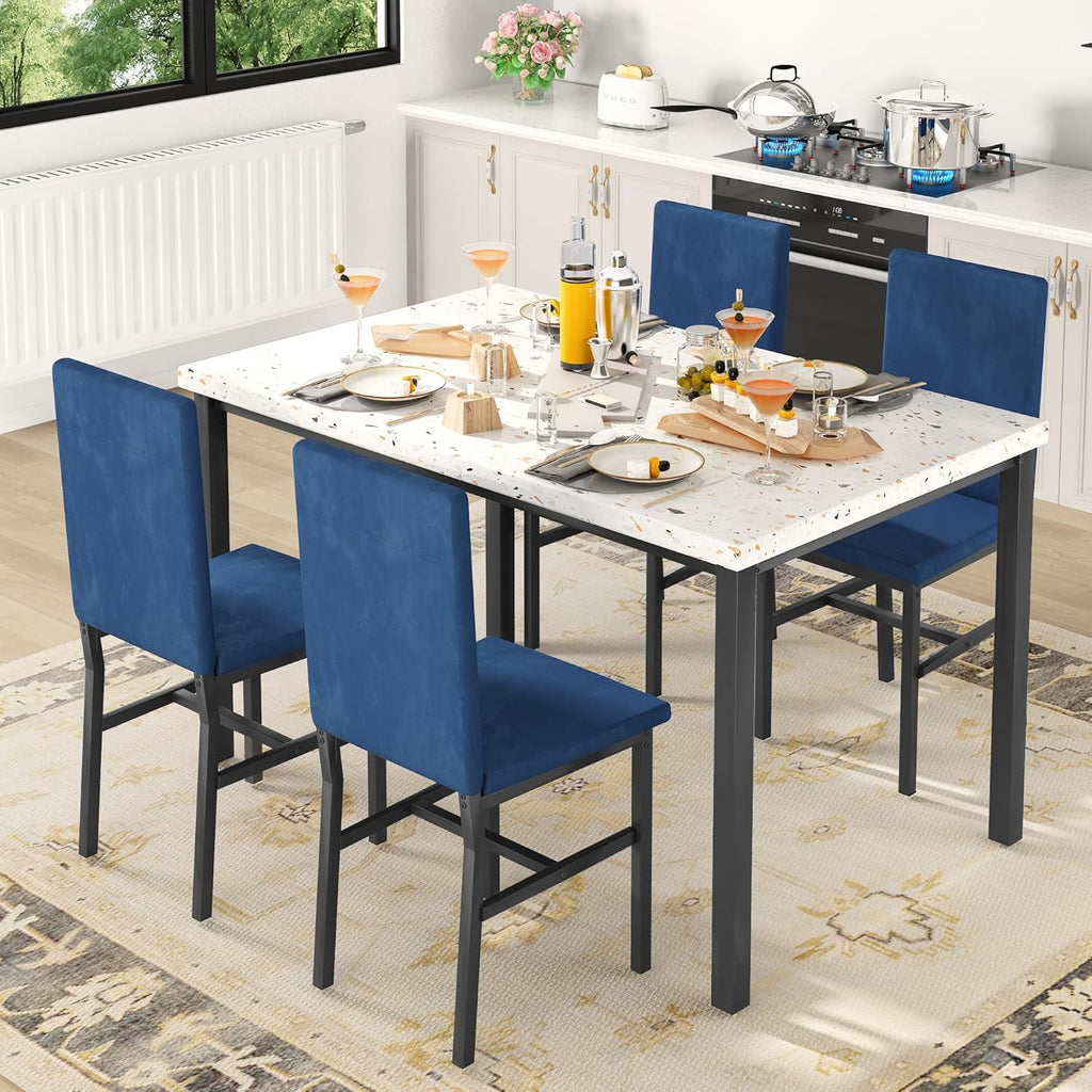 MIERES 5-Piece Dining Table Set for 4, Faux Marble Kitchen Table and 4 Chairs, Modern Dining Room Table with 4 Chairs, Dinner Table Set for Small Spaces, Brown