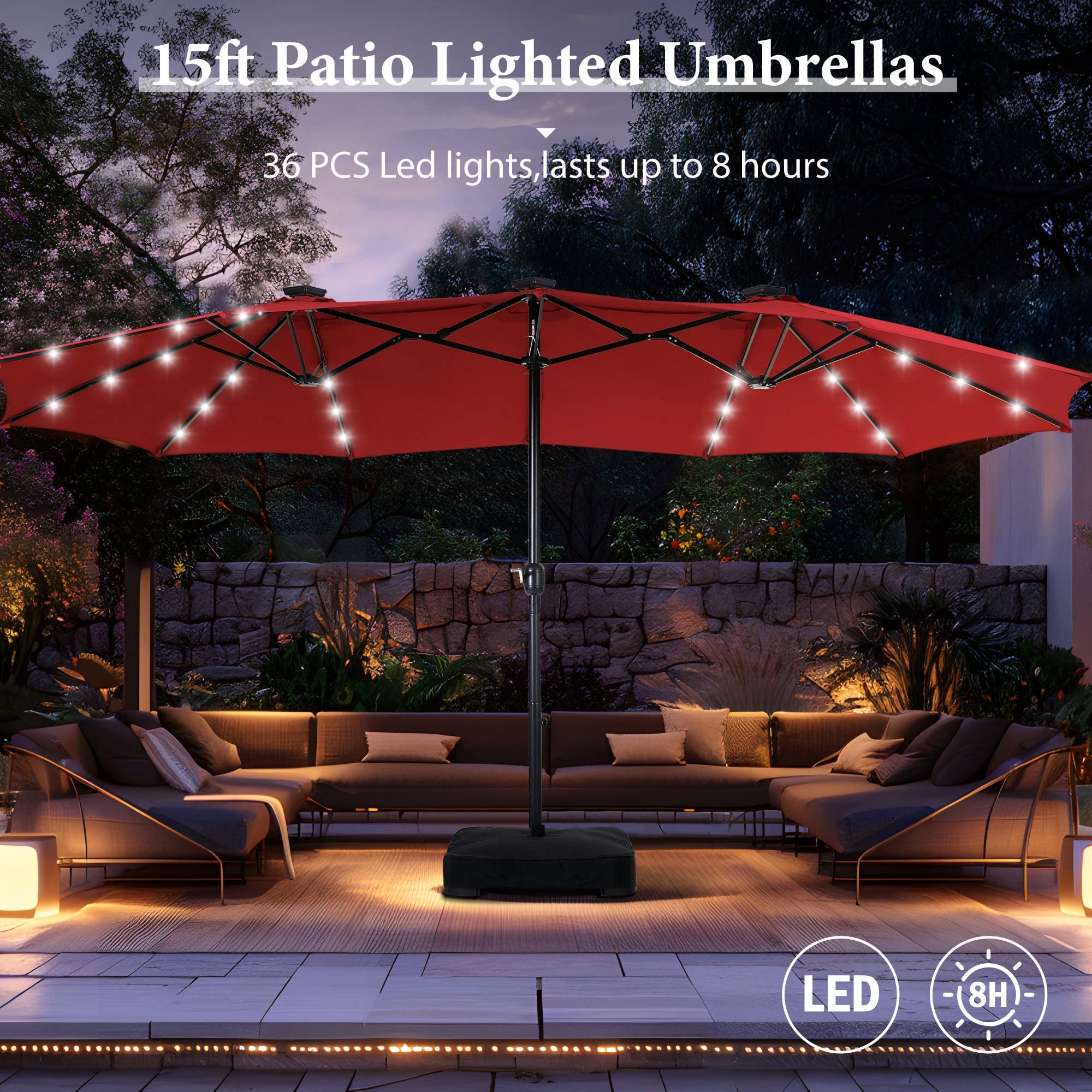 SUMMIT LIVING 15 FT Double-Sided Solar Patio Umbrella with Base Large Outdoor Umbrella with LED Solar Lights - Haze Blue