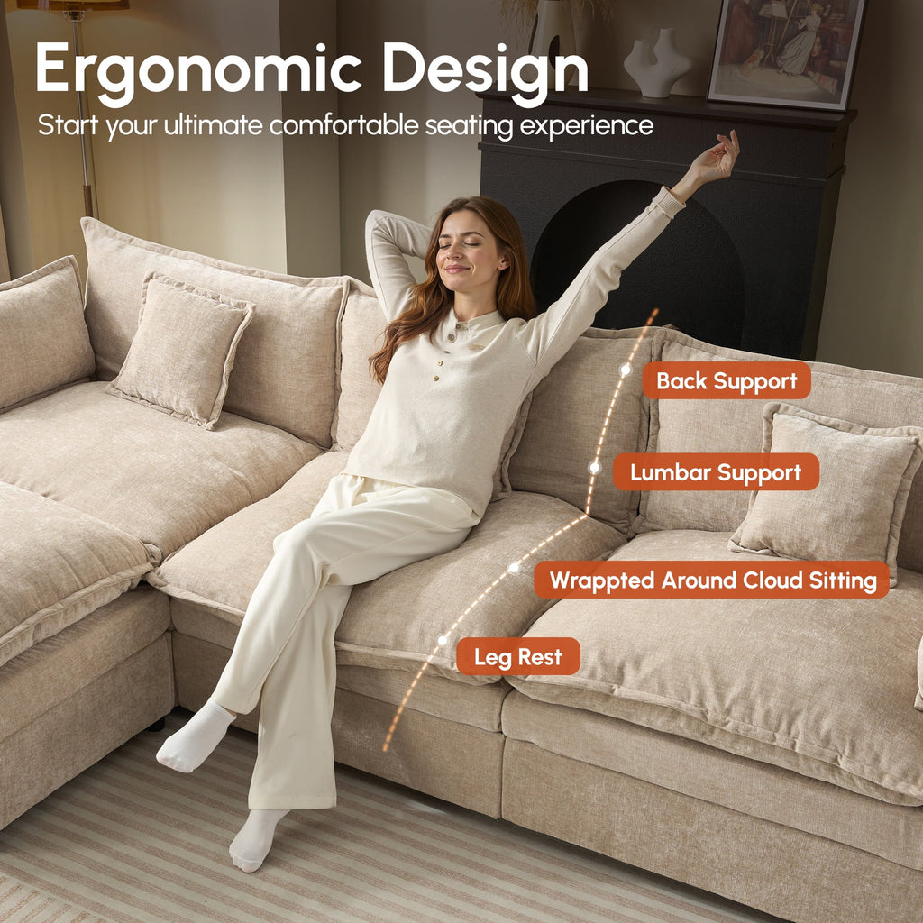 Ovios 108 Modular Sectional Sofa U-Shaped Cloud Couch with 2 Ottomans, Comfy Living Room Furniture, Chenille, Camel