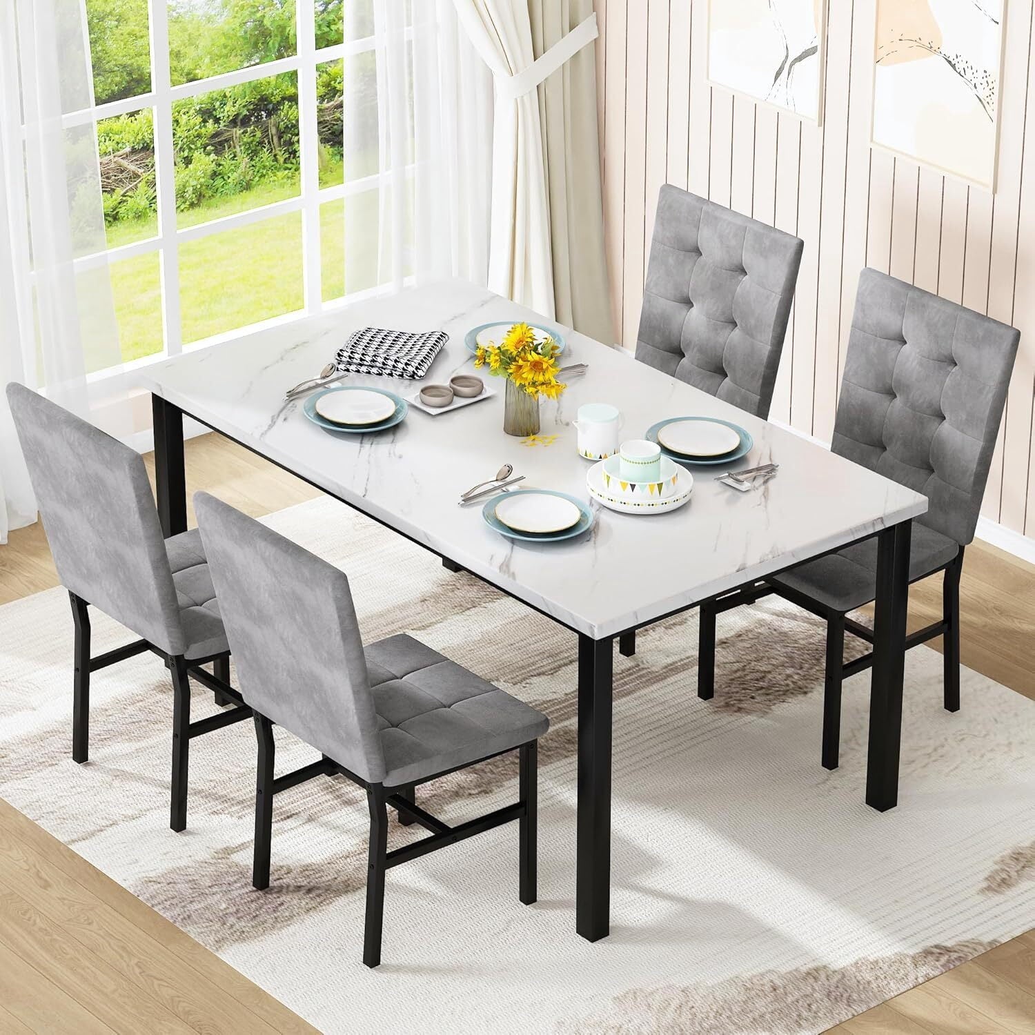 MOOSENG 5-Piece Dining Table Set with Faux Marble Top, Modern Kitchen Table and Set of 4 Grey Velvet Upholstered Chairs, Space-Saving Dinette Set for Small Spaces