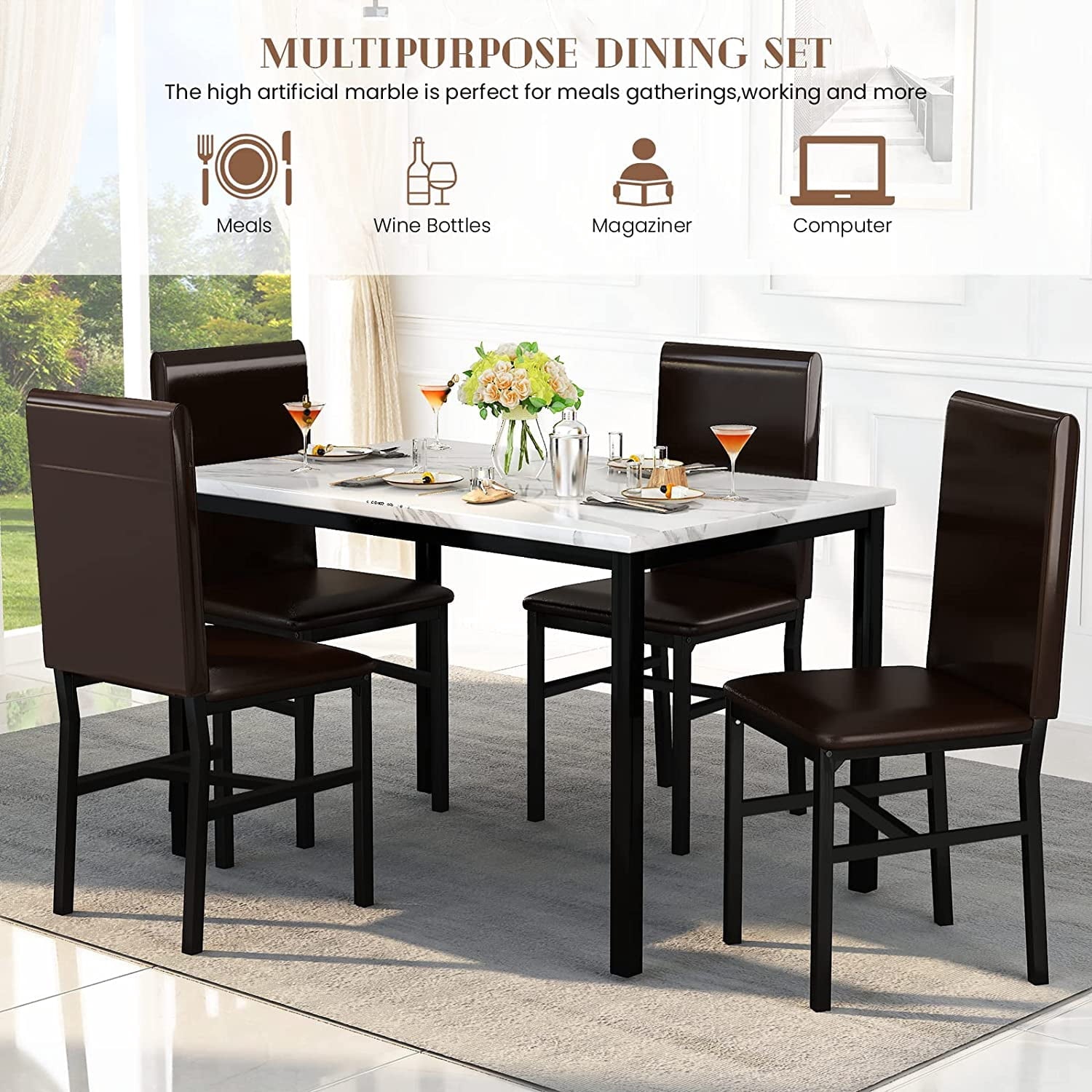 MIERES 5 Piece Dinning Table Sets for 4, Marble Kitchen Table and Chairs for 4,Dining Room Table Set with PU Leather Chairs,Faux Marble Dining Set for Small Spaces,Living Room,White+Brown