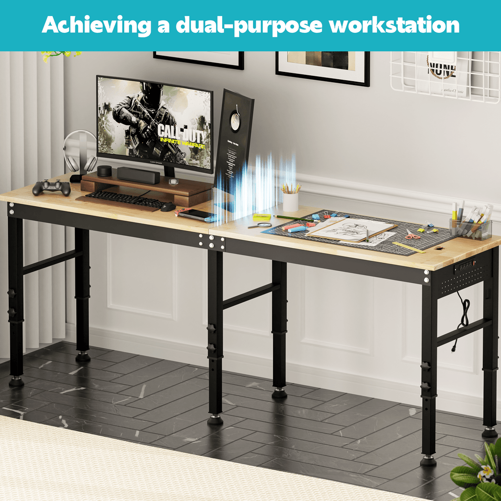 AHB 70 Adjustable Height Workbench with Power Outlets and Pegboard, 2000 lbs Heavy Duty Rubber Wood Top Work Table for Garage, Workshop, Office and Home