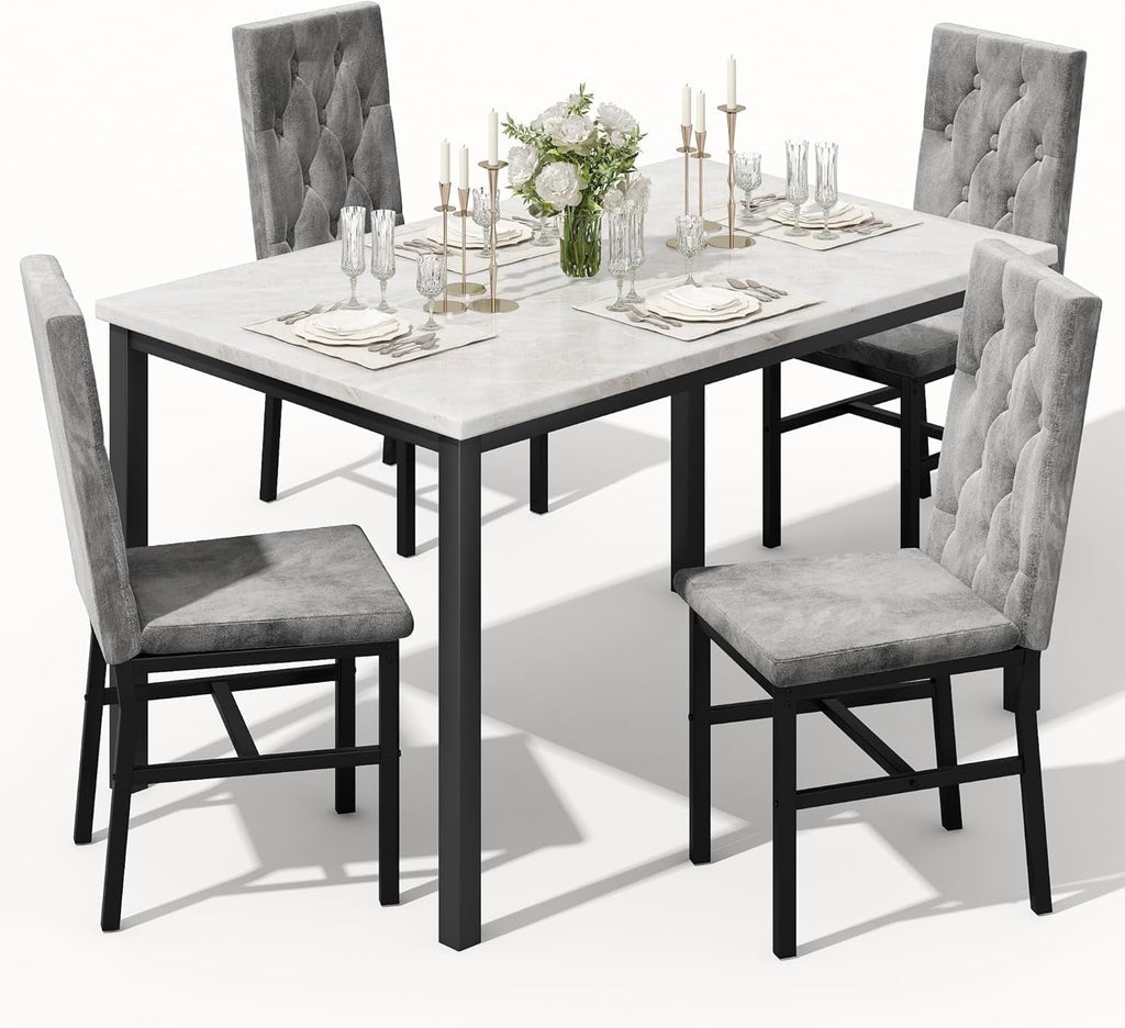AWQM 5 Piece Dining Table Set, Faux Marble Kitchen Table and Chairs for 4, Dining Room Table Set with 4 PU Leather Chairs, White