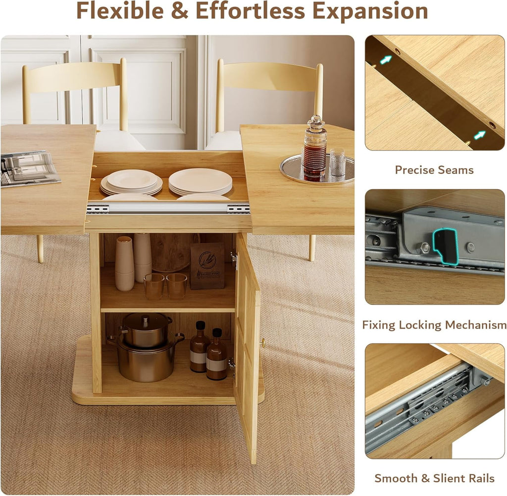 iPormis Extendable Round Dining Table for 4-6, 59'' Modern Kitchen Table with 2-Tier Storage Shelf, Wood Door, MDF Board, Space Saving Oval Dinner with Sturdy Pedestal Base, Kitchen, Dining,Walnut