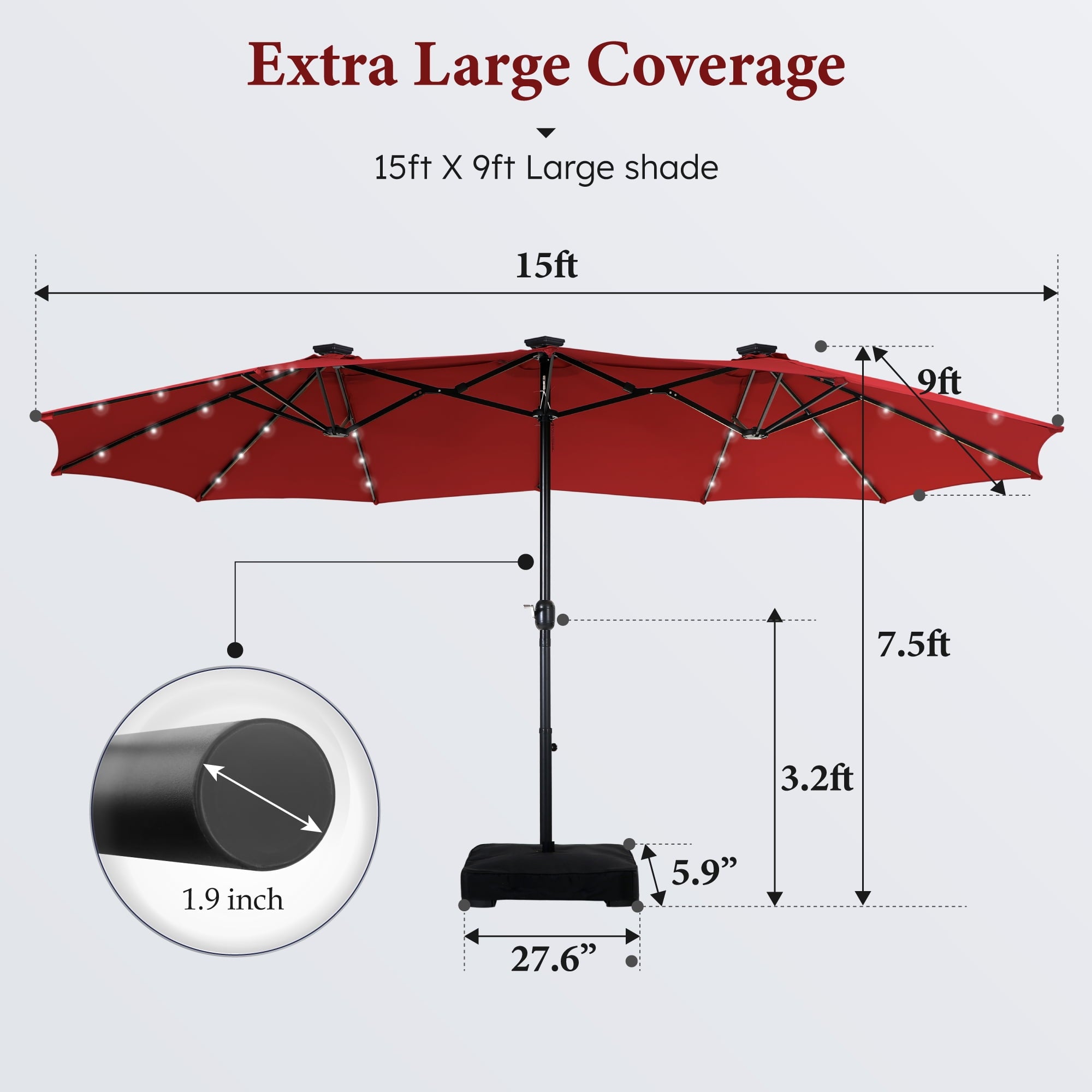 SUMMIT LIVING 15 FT Double-Sided Solar Patio Umbrella with Base Large Outdoor Umbrella with LED Solar Lights - Haze Blue