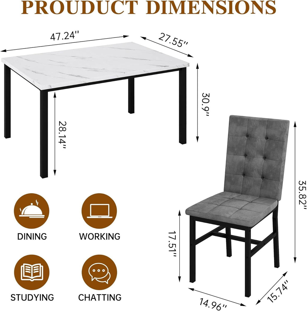 MOOSENG 5-Piece Dining Table Set with Faux Marble Top, Modern Kitchen Table and Set of 4 Grey Velvet Upholstered Chairs, Space-Saving Dinette Set for Small Spaces
