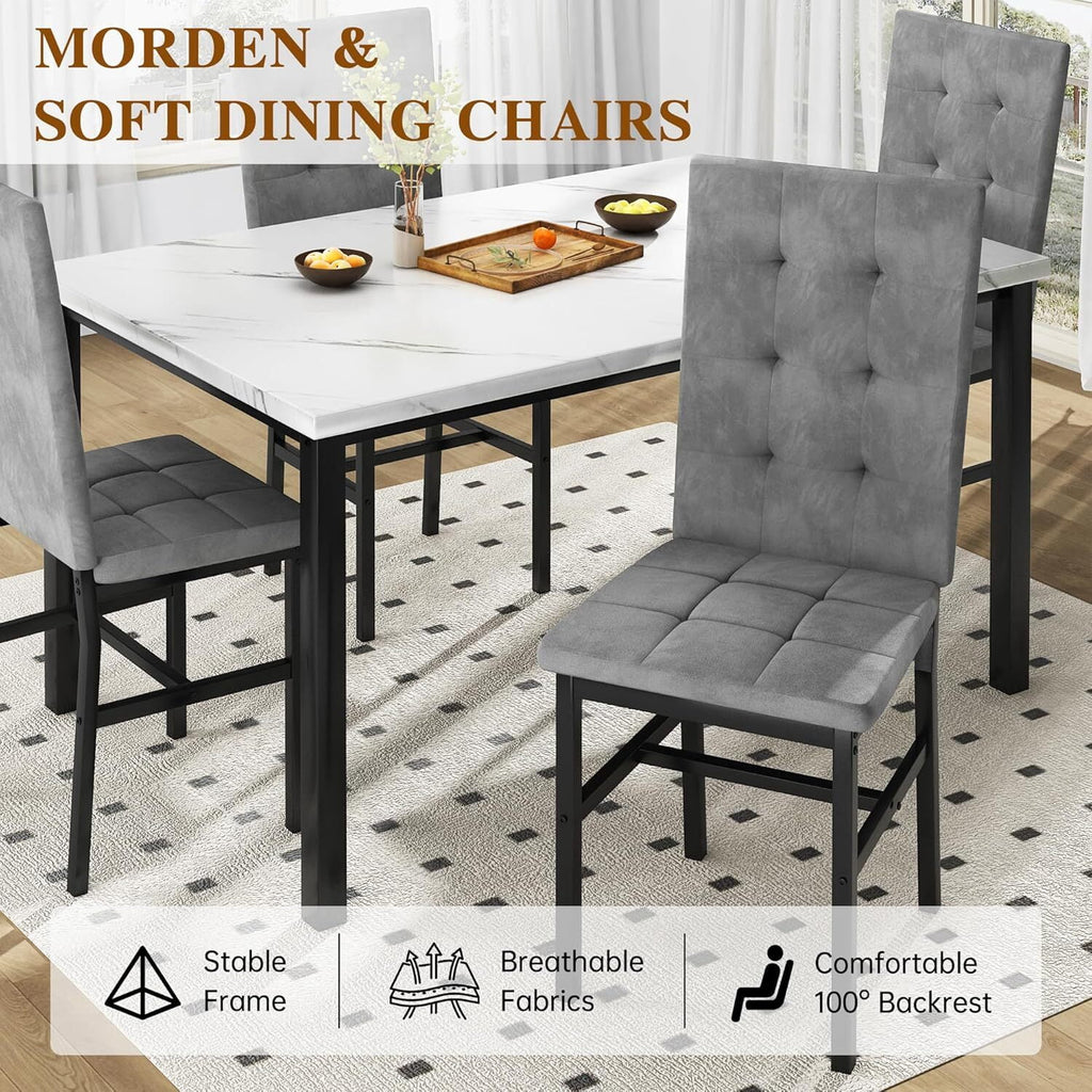 MOOSENG 5-Piece Dining Table Set with Faux Marble Top, Modern Kitchen Table and Set of 4 Grey Velvet Upholstered Chairs, Space-Saving Dinette Set for Small Spaces
