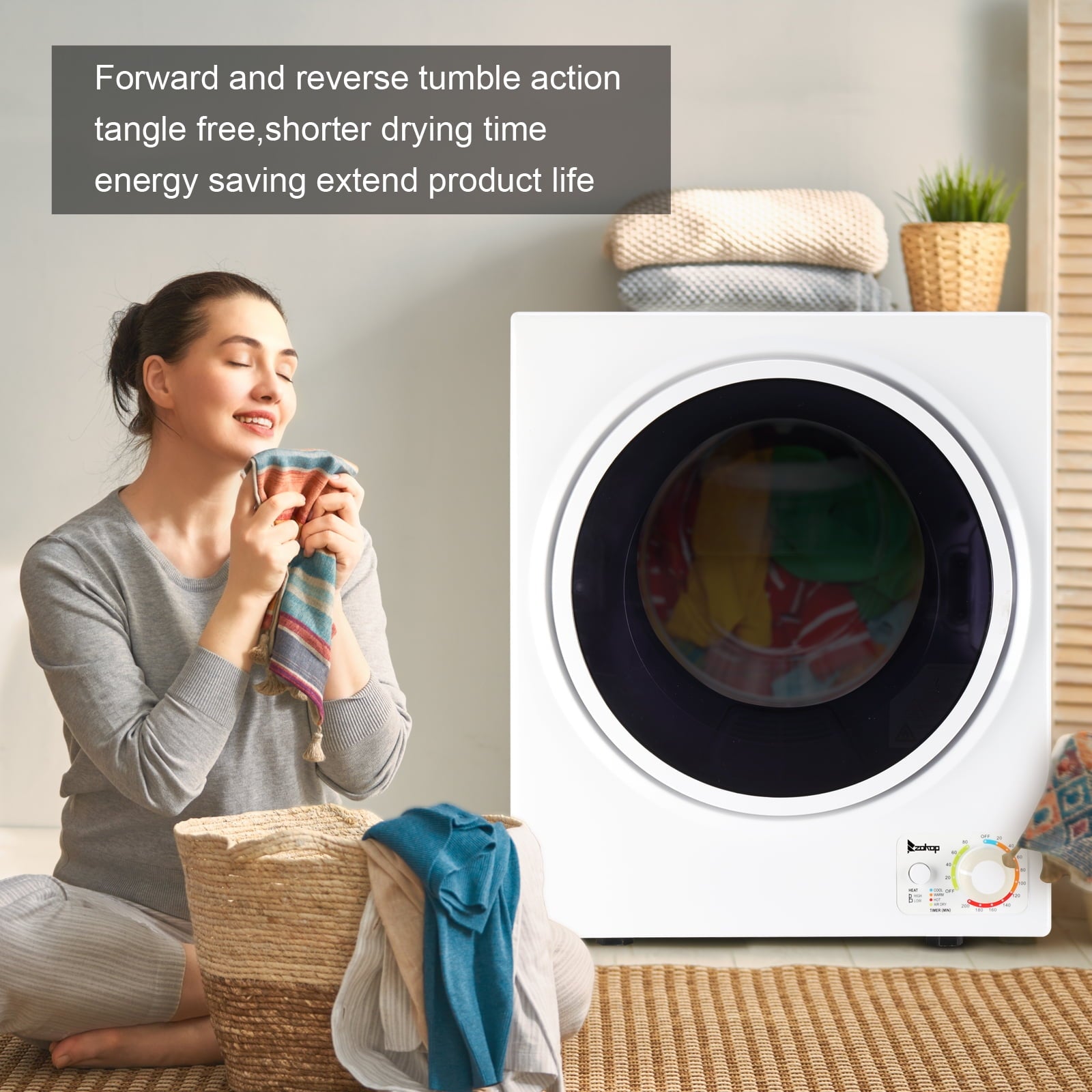 Tcbosik ZOKOP 1.6 cuft Compact Portable Household Clothes Dryer, 120V Stainless Steel Drum Dryer for Apartments, Home, Dorm, MECHANICAL Control and ETL Certification, Black & White