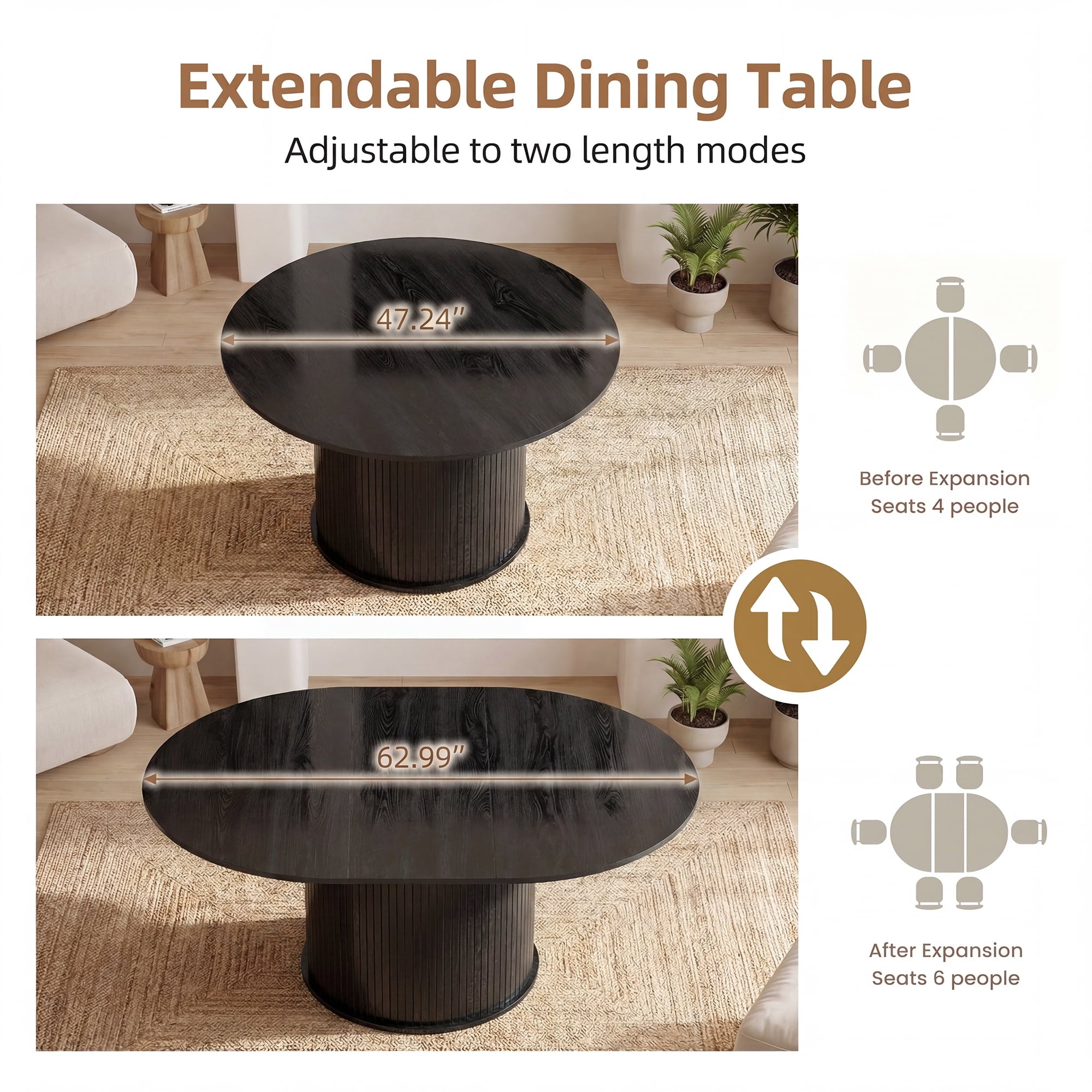 EOP 47″- 63″ Extendable Round Dining Table for 4-6, Wooden Kitchen Table with Hidden Storage and Fluted Sliding Door Cabinet, Modern Space-Saving Table for Dining Room Kitchen, Walnut
