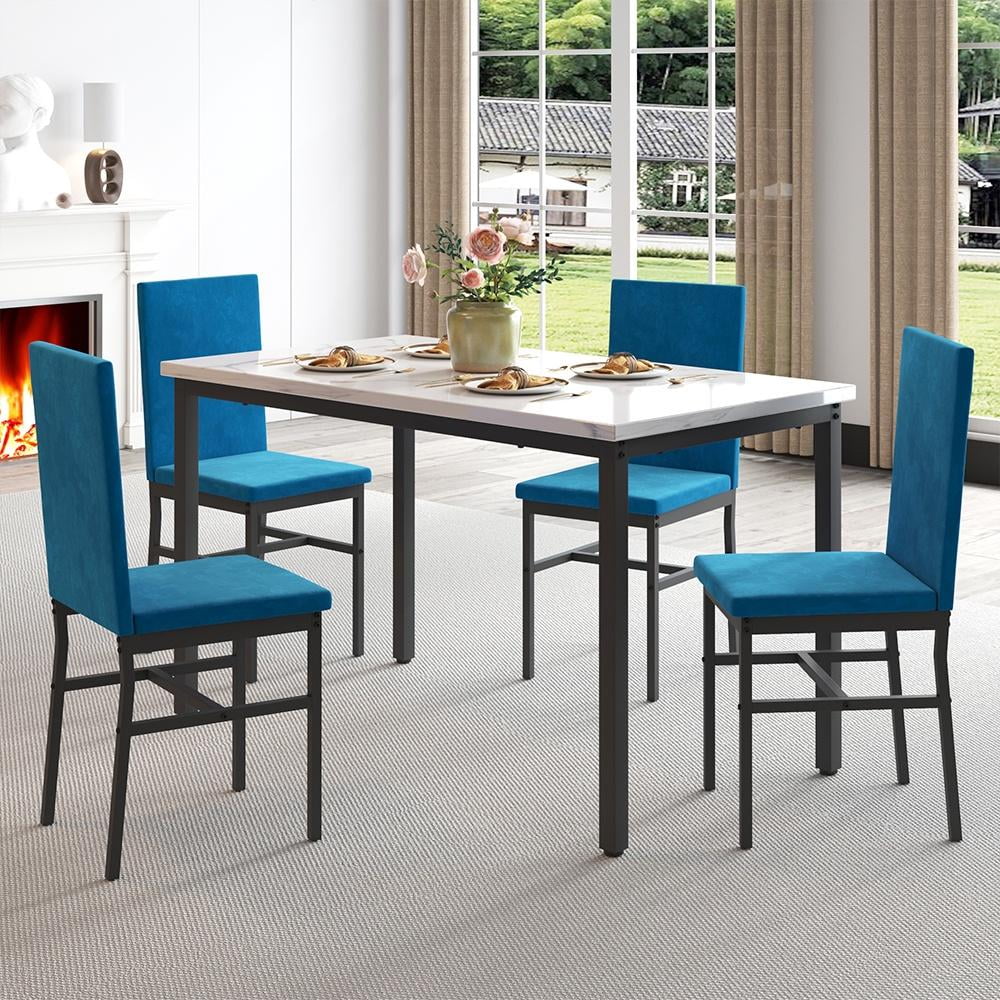 5 Piece Dining Table Set, Modern Faux Marble Tabletop and 4 PU Leather Upholstered Chairs, Rectangle Kitchen Table and Chairs for 4 Persons, Small Dining Set for Bar Dining Room Breakfast Nook