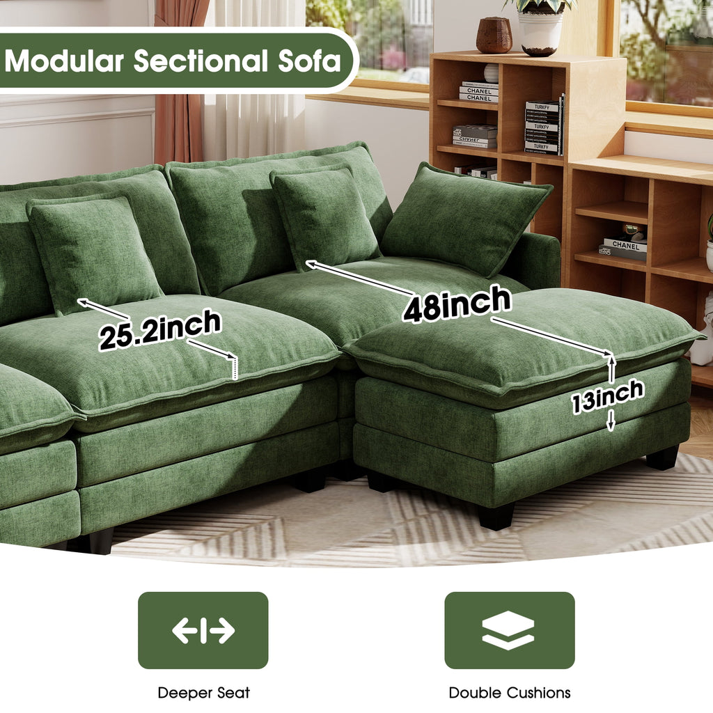 BedLuxury 111.5'' Modular Sectional Sofa with Movable Ottomans, U Shaped Cloud Couch for Living Room, 3-Seat, Beige