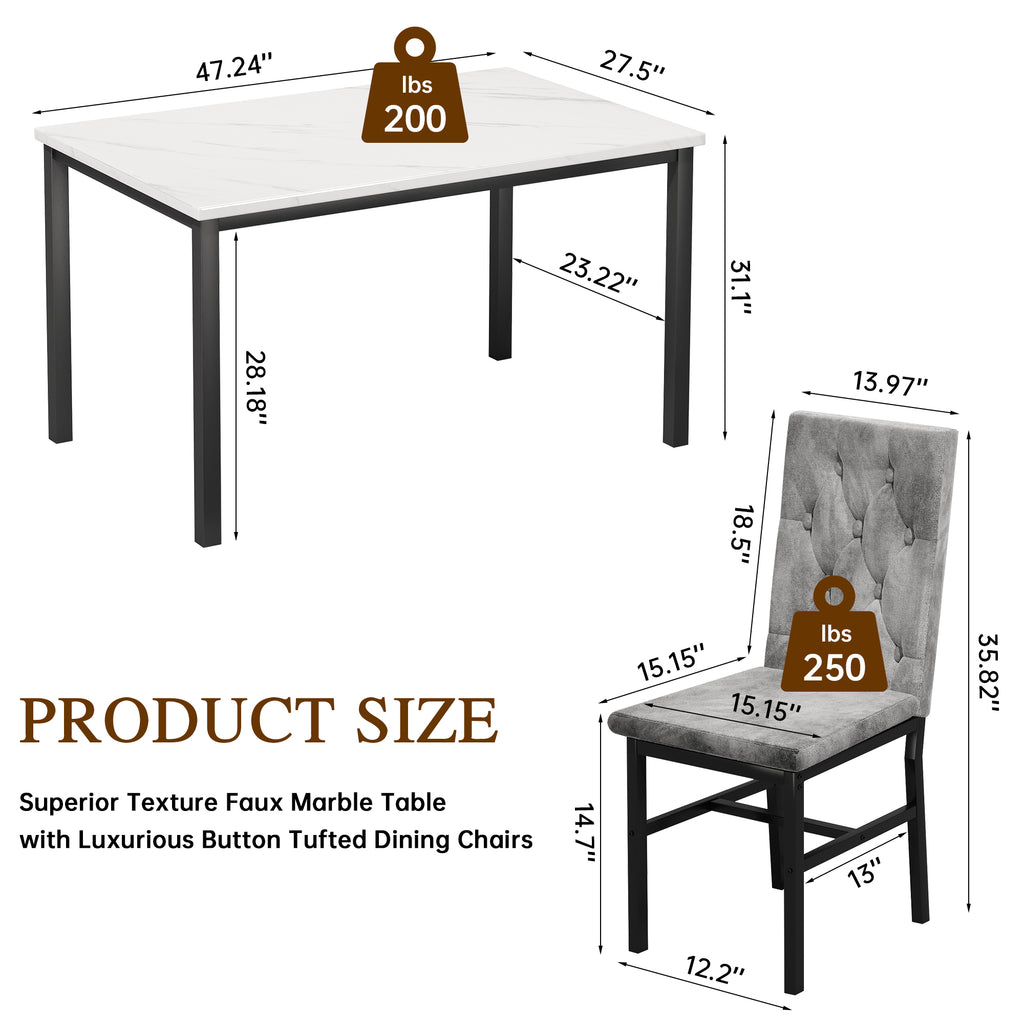 AWQM 5 Piece Dining Table Set, Faux Marble Kitchen Table and Chairs for 4, Dining Room Table Set with 4 PU Leather Chairs, White