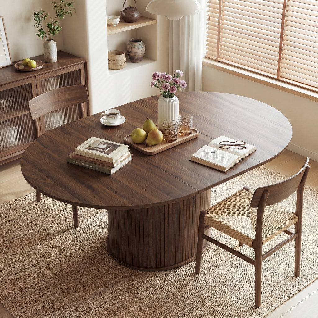 EOP 47″- 63″ Extendable Round Dining Table for 4-6, Wooden Kitchen Table with Hidden Storage and Fluted Sliding Door Cabinet, Modern Space-Saving Table for Dining Room Kitchen, Natural Wood