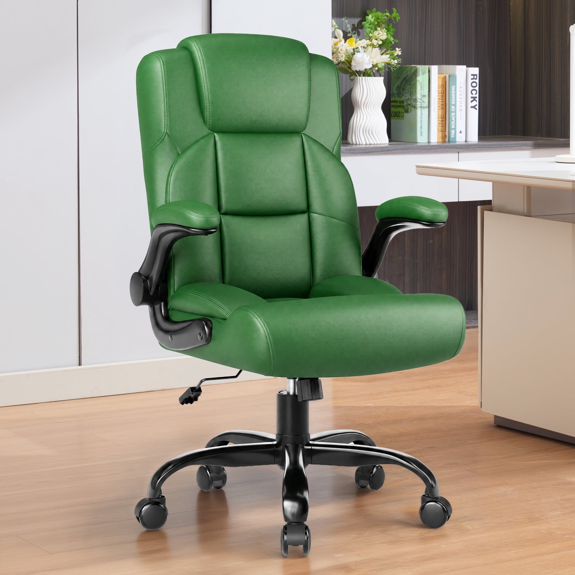 JONPONY Leather Office Chair, Big and Tall 500lbs Ergonomic Desk Chairs with Back Support, Executive Leather Chair with Wheels for Home Office, with Adjustable Padded Armrest & Lumbar Support , Black