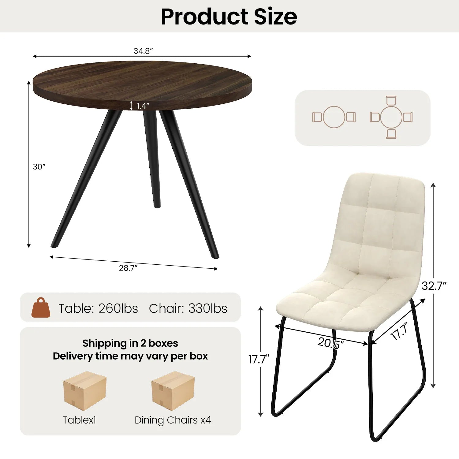 34.8 Round Dining Table Set for 4,5 Piece Mid-Century Modern Dining Set with 4 Upholstered Dining Chairs,Leisure Coffee Table for Kitchen Dining Room, Save Space