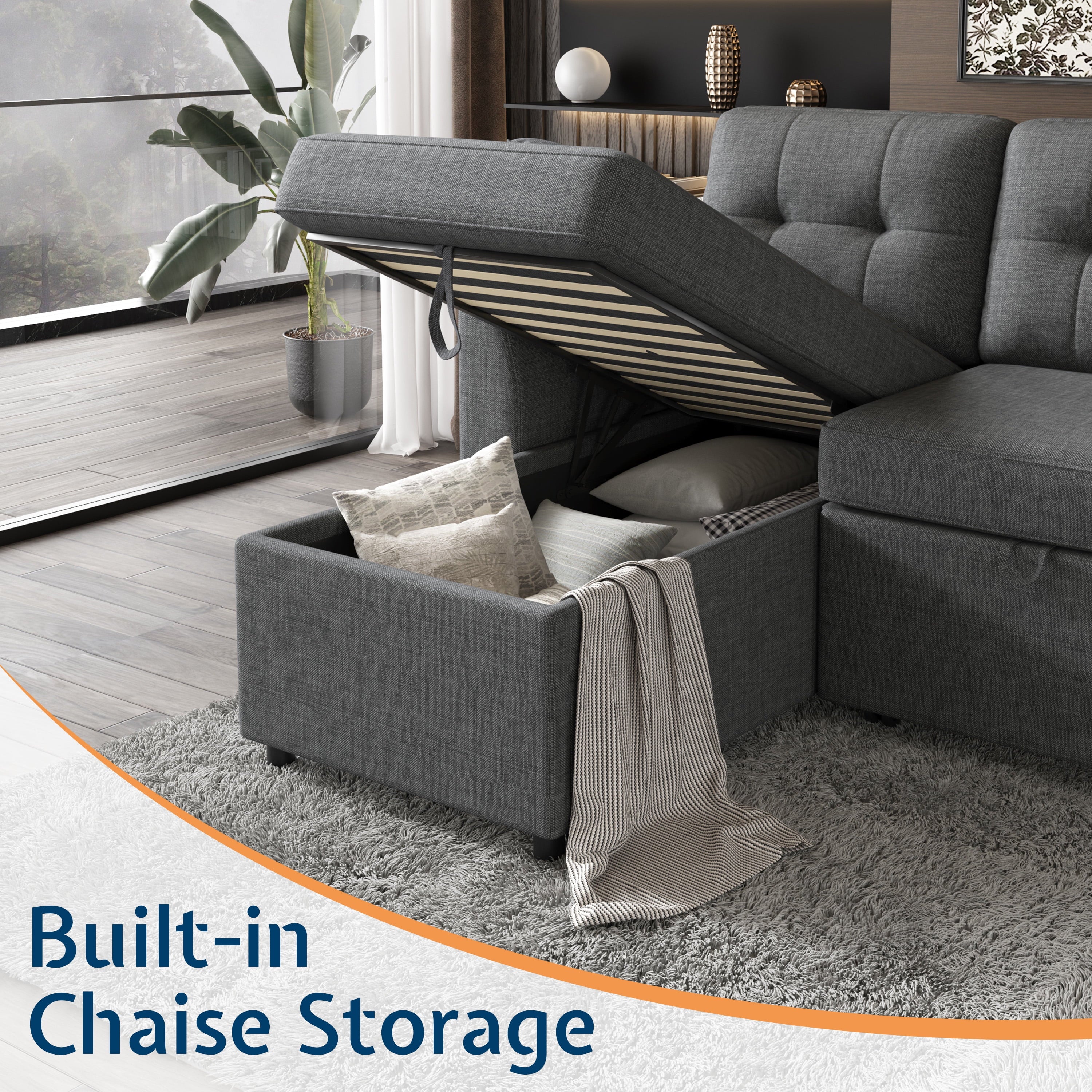 VANACC Sectional Sofa Bed with Storage and Soft Seat ,Reversible Pull Out Couch for Living Room,Gray