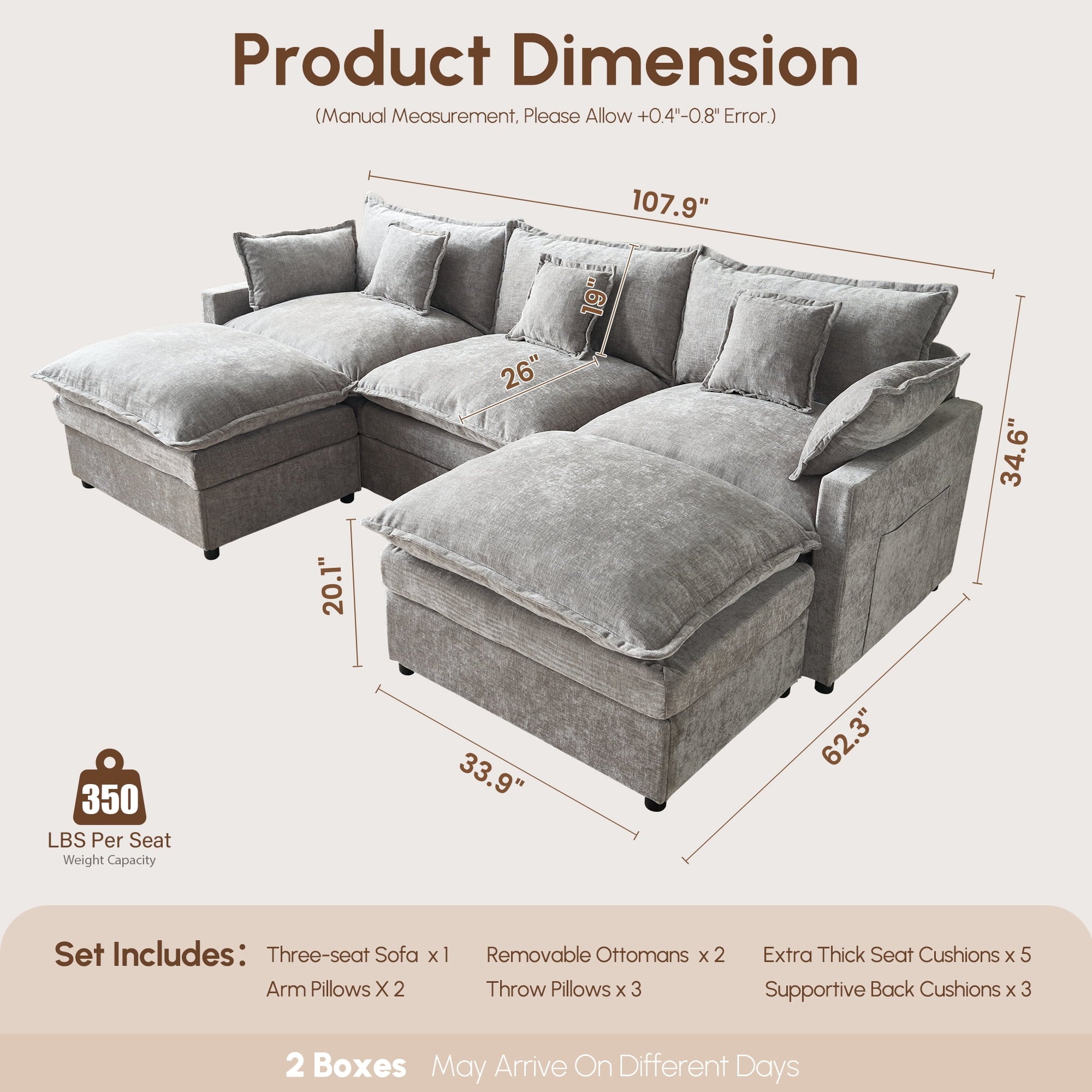 Ovios 108 Modular Sectional Sofa U-Shaped Cloud Couch with 2 Ottomans, Comfy Living Room Furniture, Chenille, Dark Blue