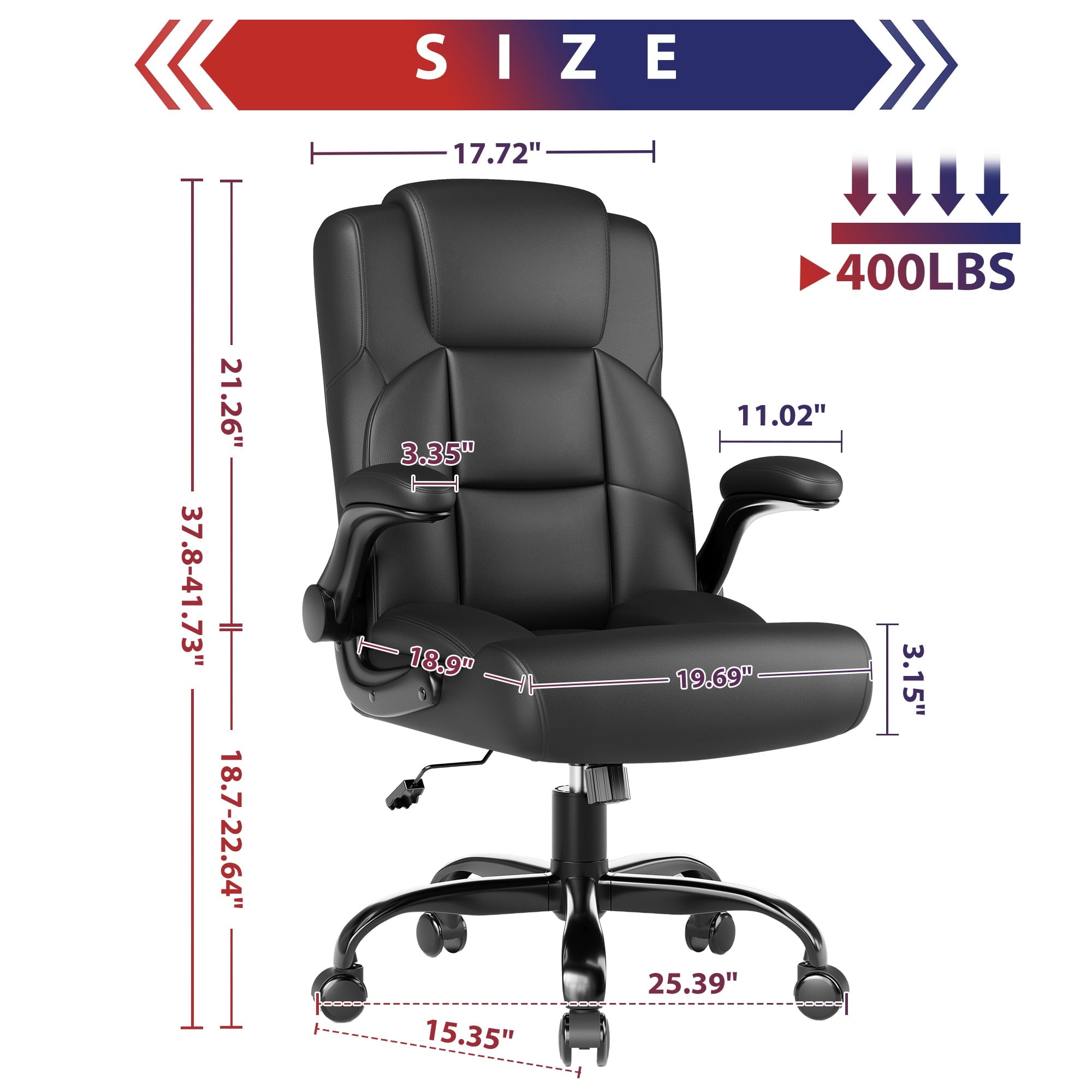 JONPONY Leather Office Chair, Big and Tall 500lbs Ergonomic Desk Chairs with Back Support, Executive Leather Chair with Wheels for Home Office, with Adjustable Padded Armrest & Lumbar Support , Black