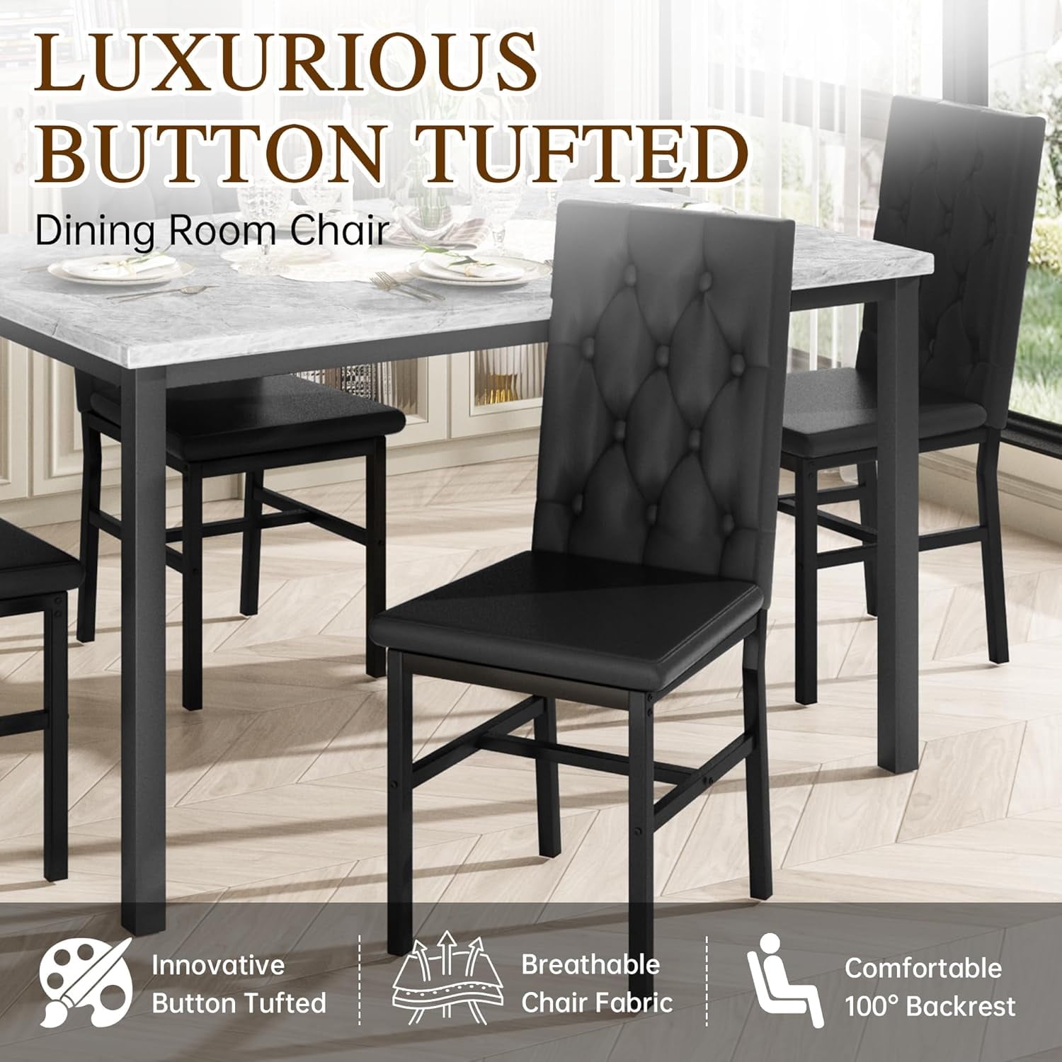 AWQM 5 Piece Dining Table Set, Faux Marble Kitchen Table and Chairs for 4, Dining Room Table Set with 4 PU Leather Chairs, White