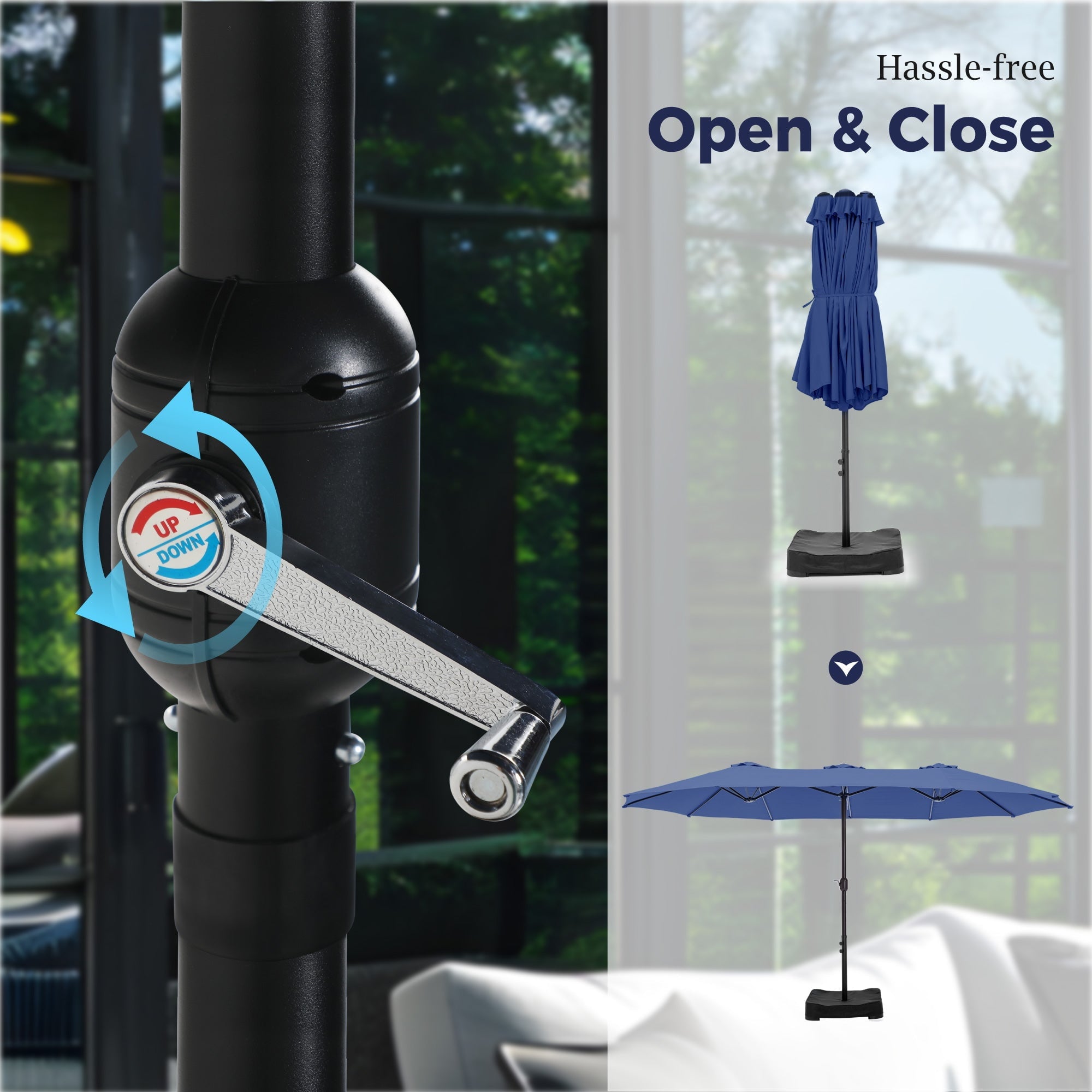 Alpha Joy 15ft Outdoor Patio Umbrella Extra-Large Double-Sided Garden Umbrella with Crank Handle and Base - Smoky Gray