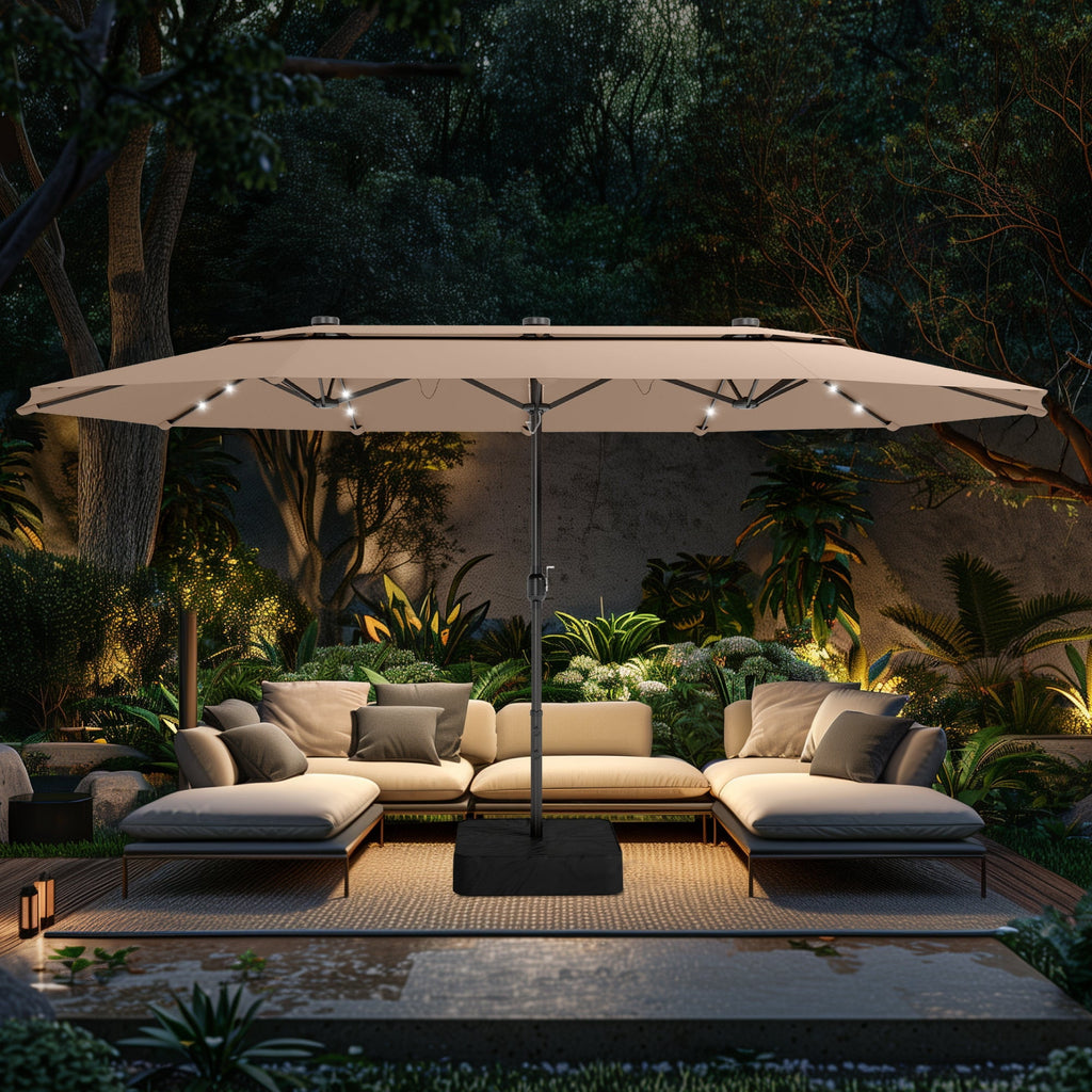 Alpha Joy 15ft Dual-Layer Extra Large Outdoor Patio Umbrella Double-Sided Ventilation Umbrella with Led Lights & Umbrella Base, Beige