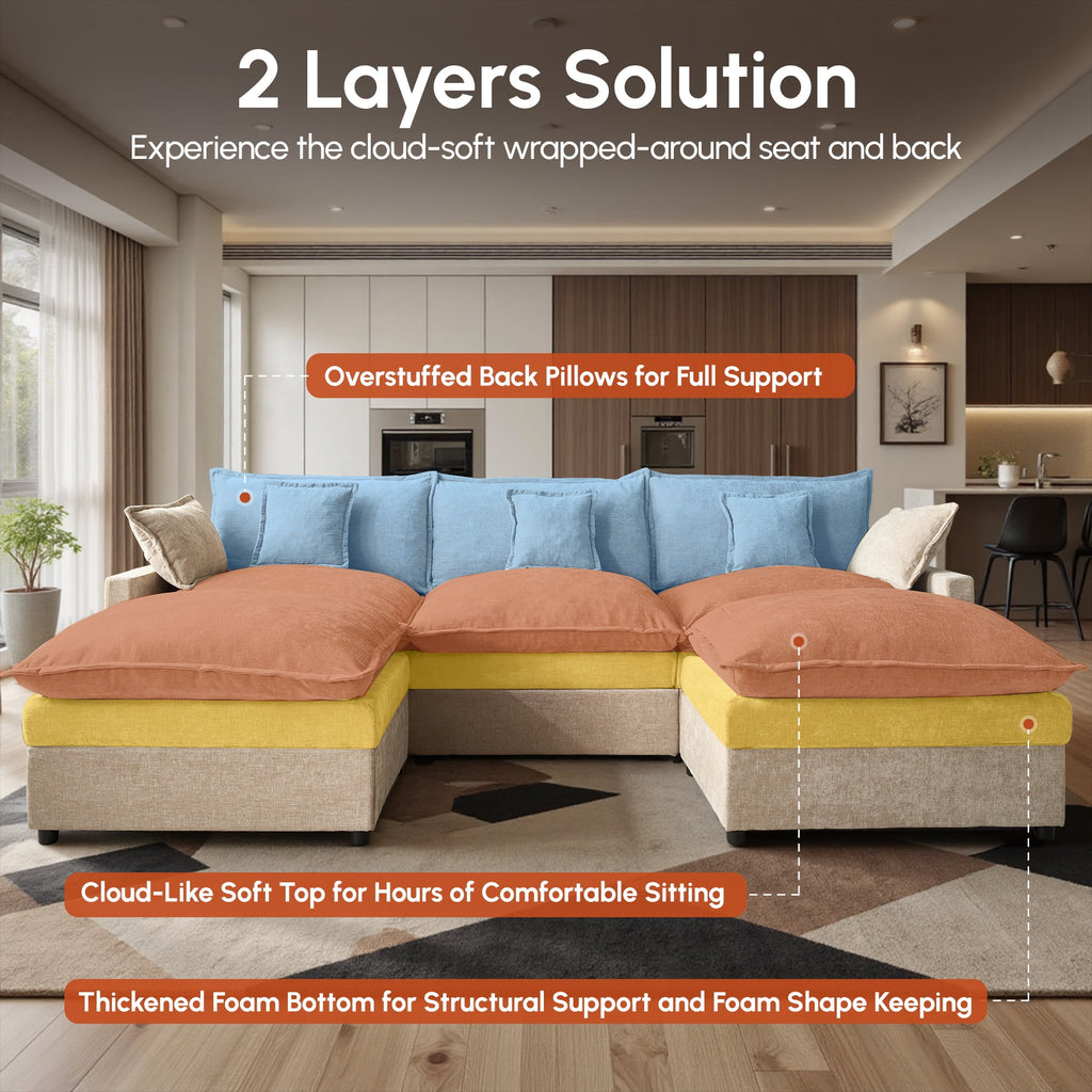 Ovios 108 Modular Sectional Sofa U-Shaped Cloud Couch with 2 Ottomans, Comfy Living Room Furniture, Chenille, Camel