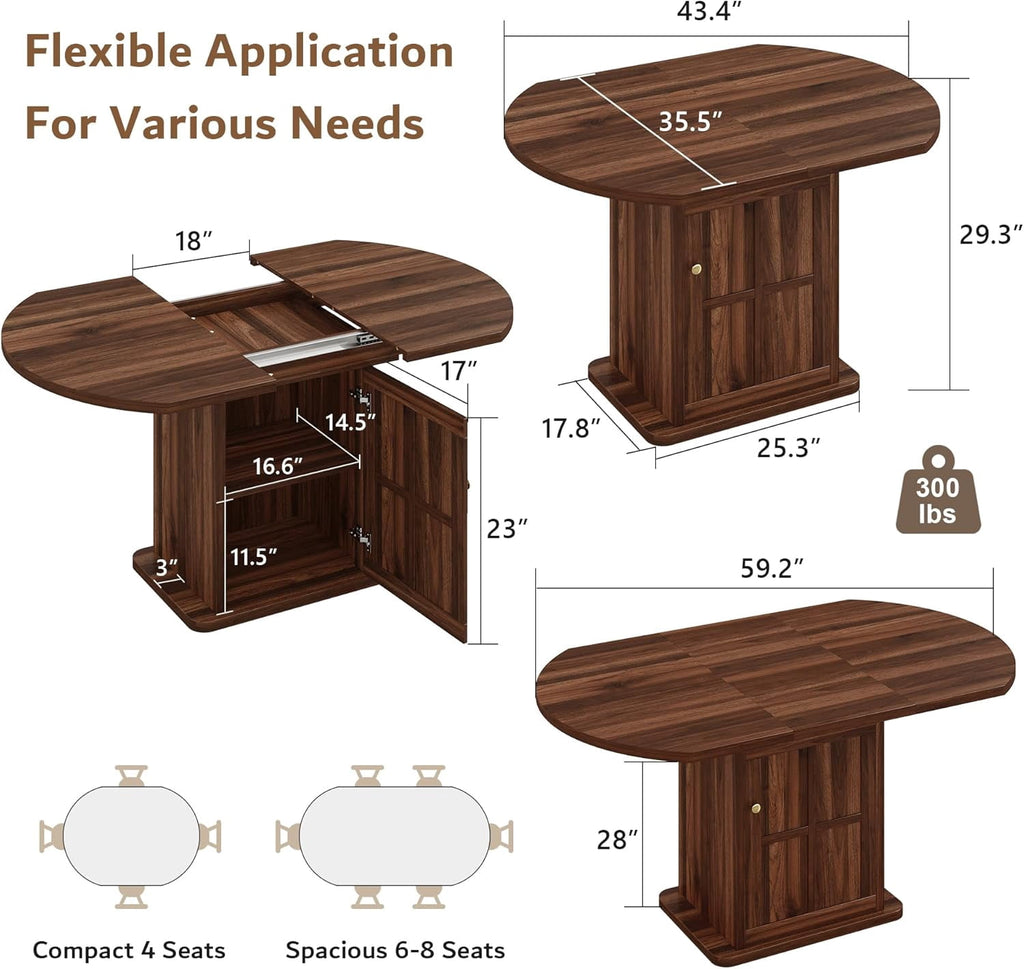 iPormis Extendable Round Dining Table for 4-6, 59'' Modern Kitchen Table with 2-Tier Storage Shelf, Wood Door, MDF Board, Space Saving Oval Dinner with Sturdy Pedestal Base, Kitchen, Dining, Natural